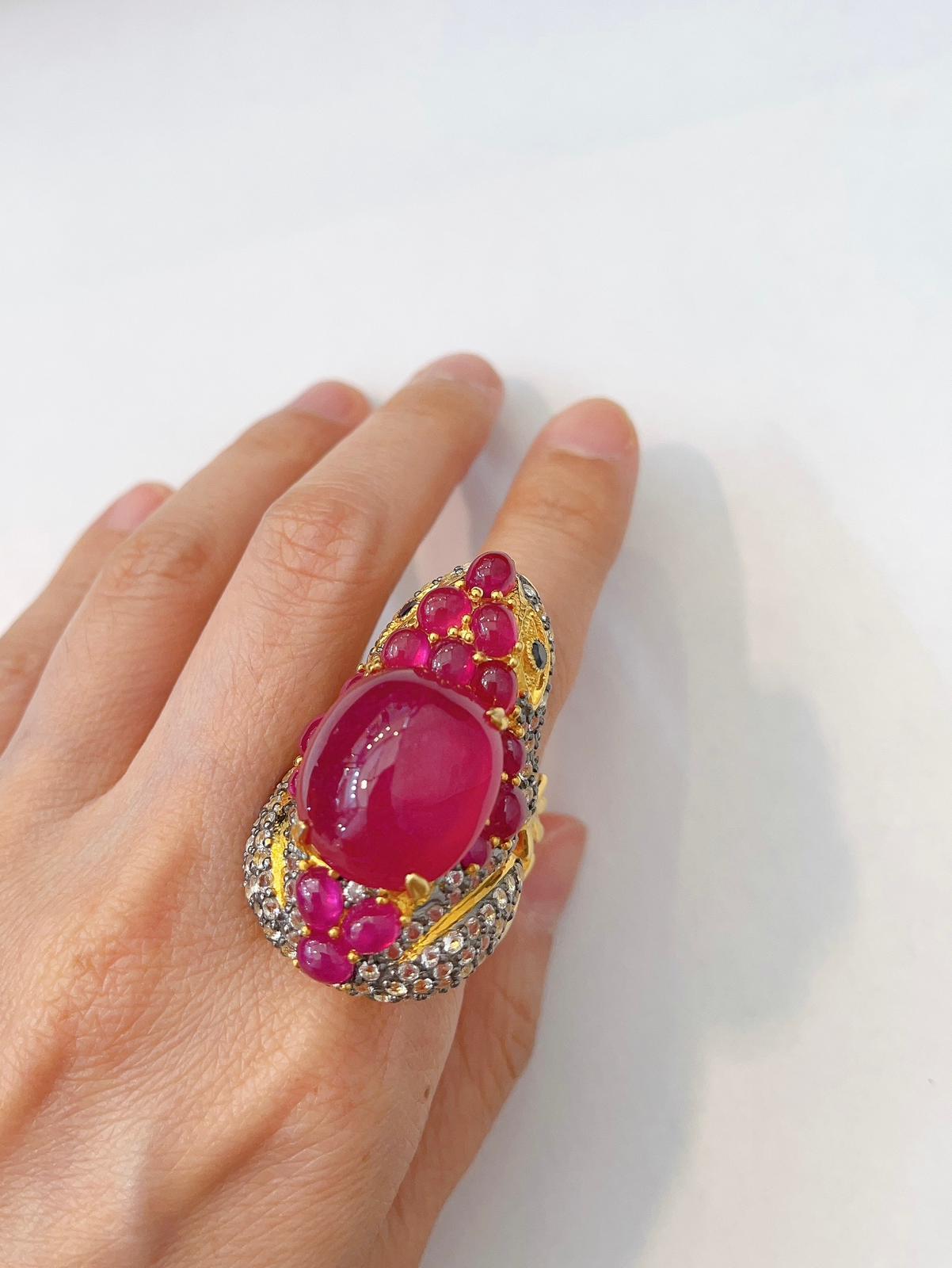 “Orient” Red Ruby & White Topaz Cocktail Ring Set in 22k Gold & Silver For Sale 3