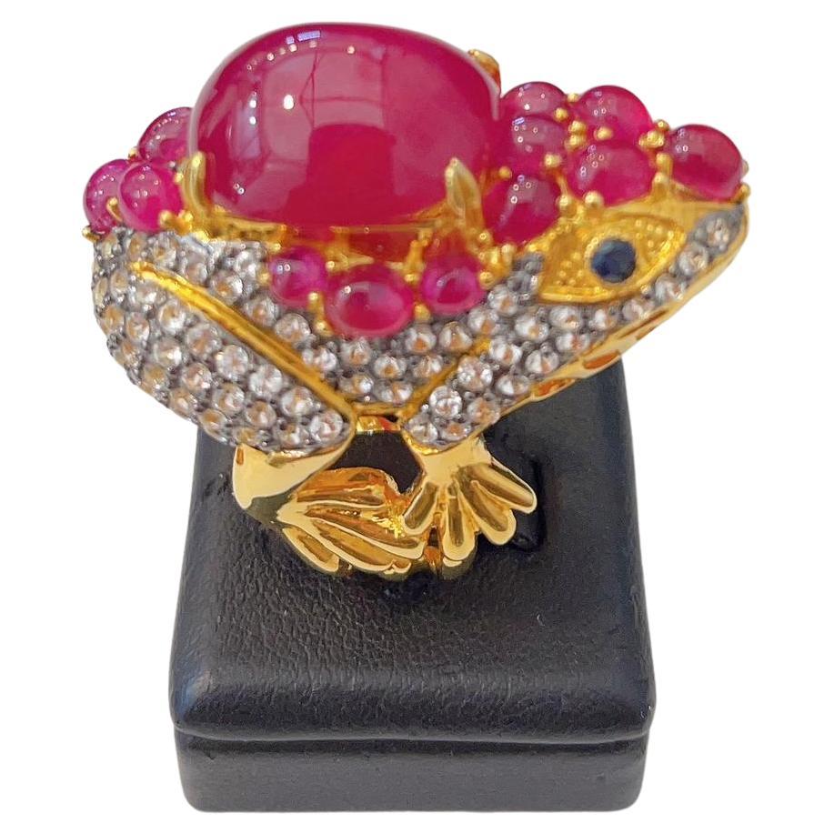 “Orient” Red Ruby & White Topaz Cocktail Ring Set in 22k Gold & Silver For Sale