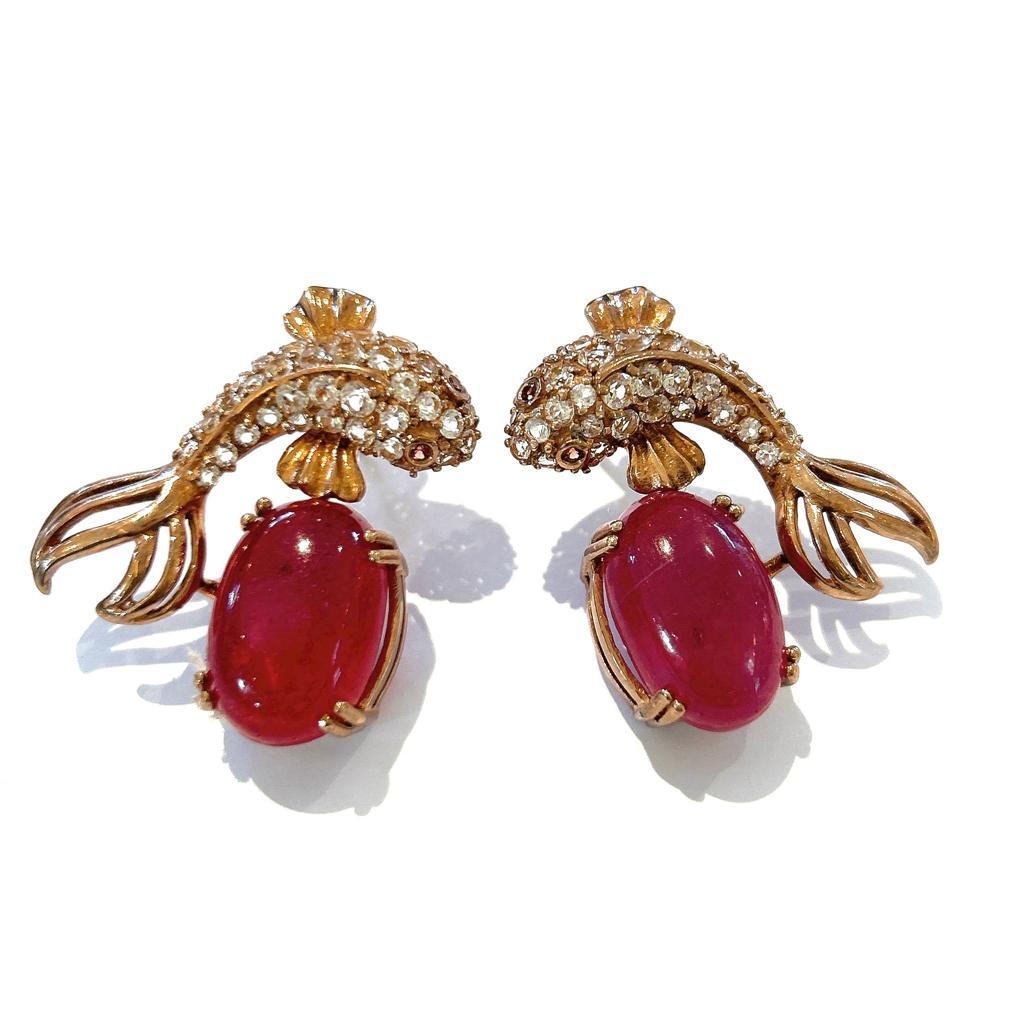 Belle Époque Bochic “Orient” Red Ruby & White Topaz Earrings Set In 18 K Gold & Silver  For Sale