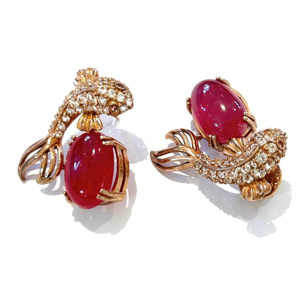 Brilliant Cut Bochic “Orient” Red Ruby & White Topaz Earrings Set In 18 K Gold & Silver  For Sale