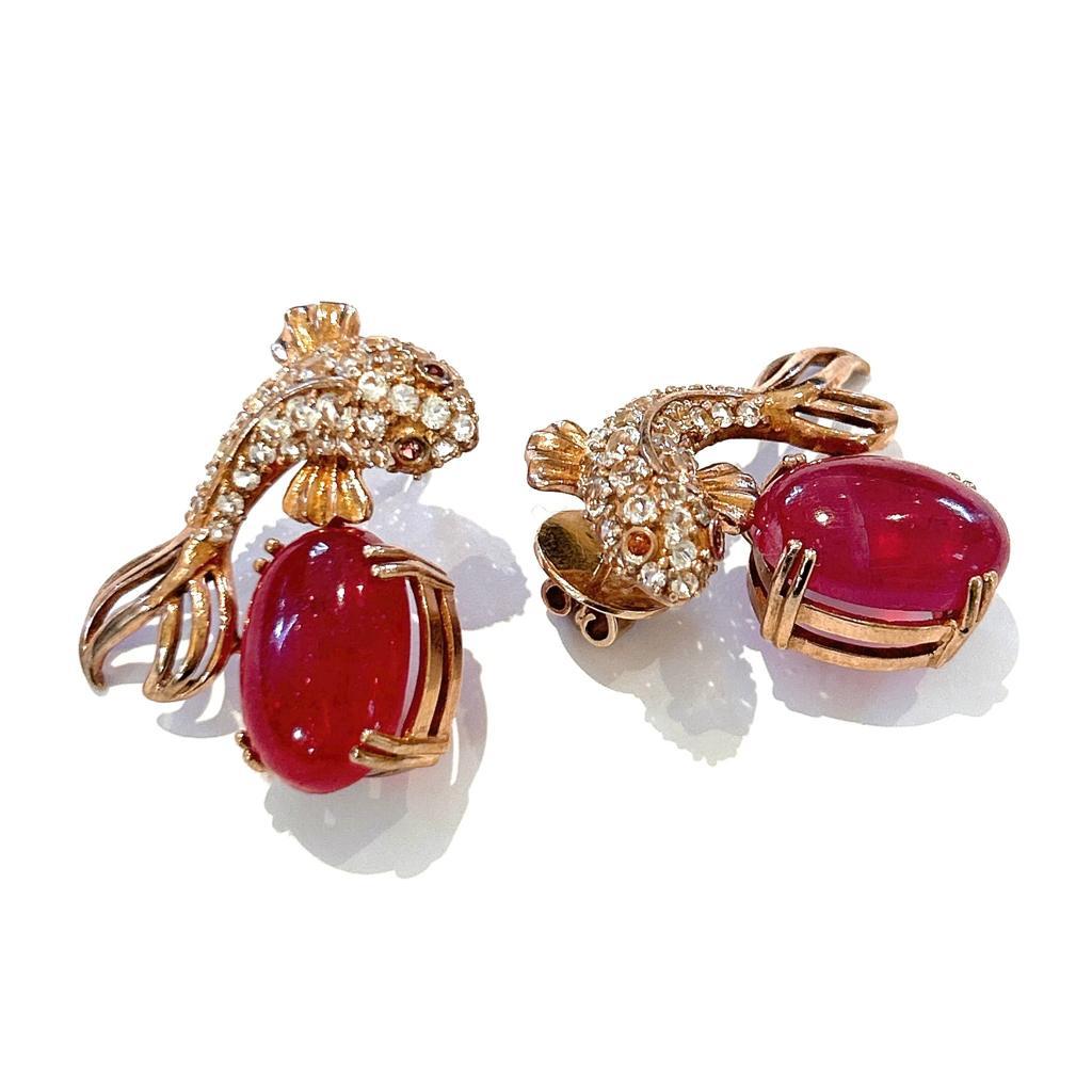 Bochic “Orient” Red Ruby & White Topaz Earrings Set In 18 K Gold & Silver  For Sale 1