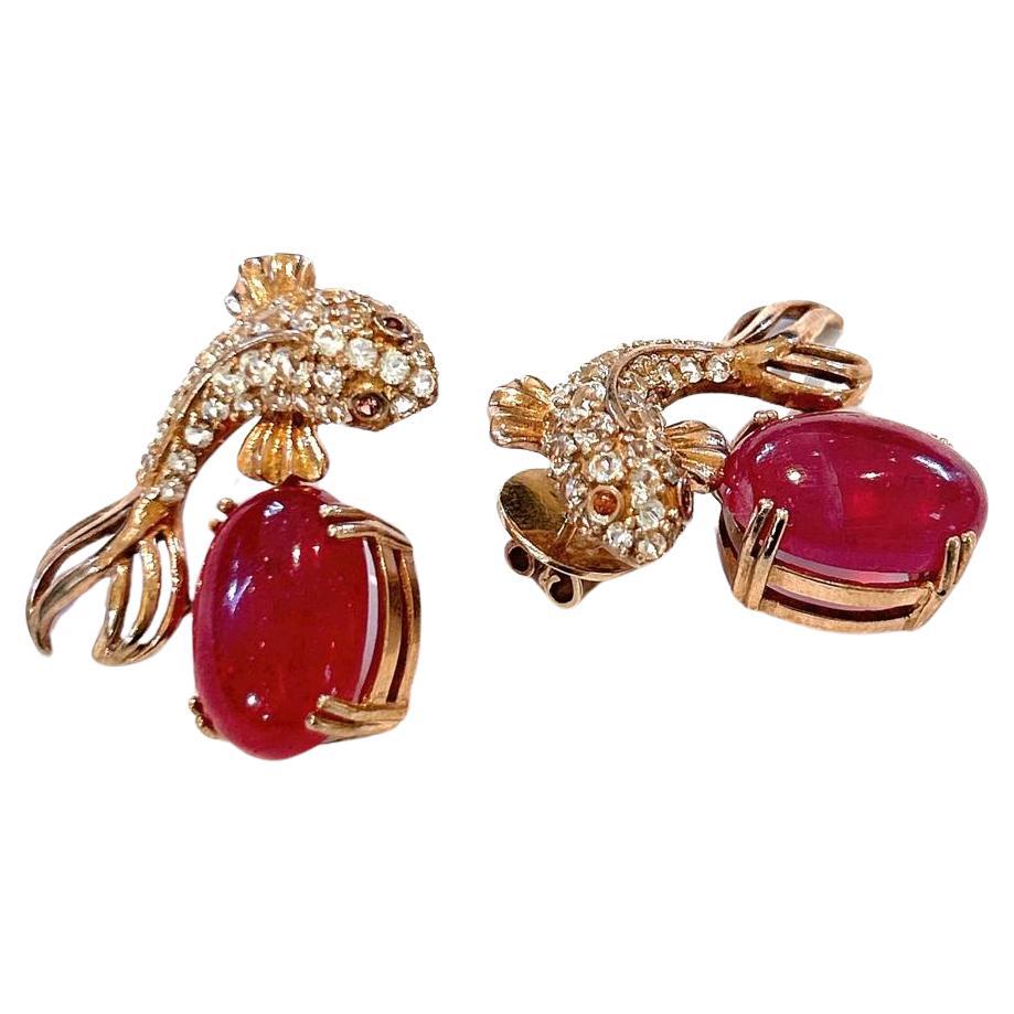 Bochic “Orient” Red Ruby & White Topaz Earrings Set In 18 K Gold & Silver  For Sale