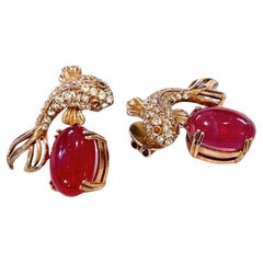 Bochic Orient Ohrringe aus 18 K Gold und Silber mit rotem Rubin und weißem Topas 