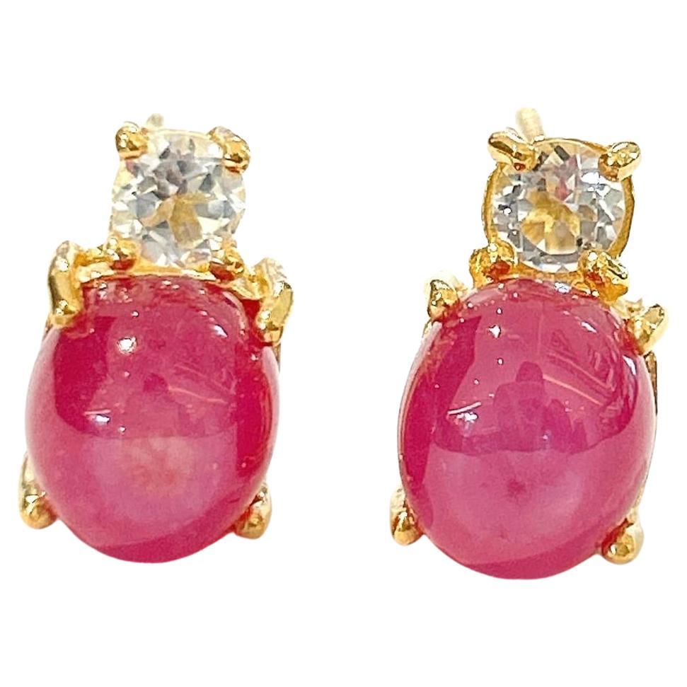 Bochic “Orient” Red Ruby & White Topaz Earrings Set In 18K Gold & Silver