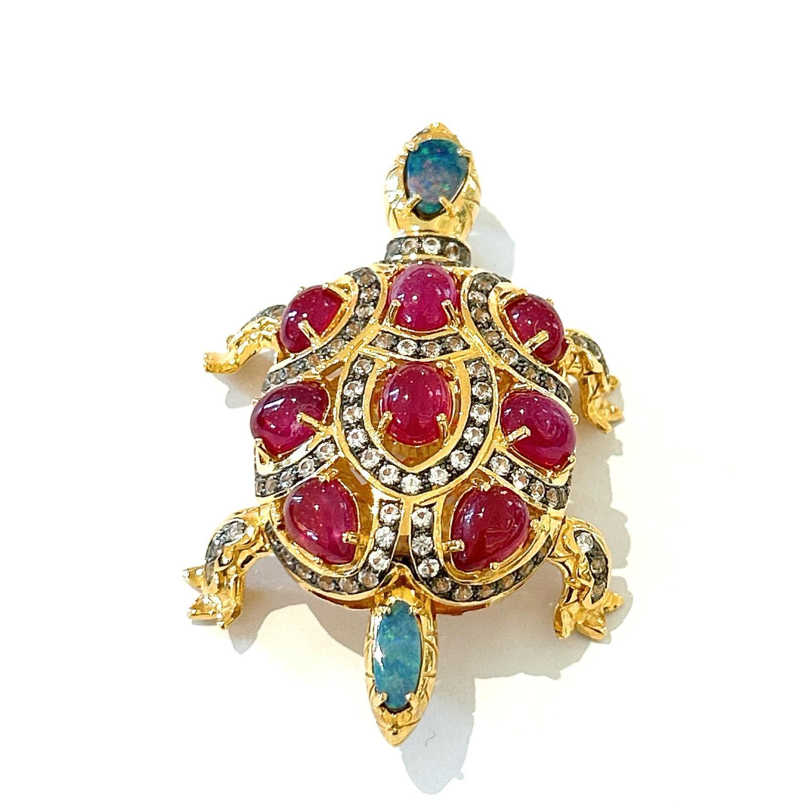 Baroque Bochic “Orient” Retro Multi Ruby, Topaz & Opal Brooch Set In 18K Gold & Silver  For Sale
