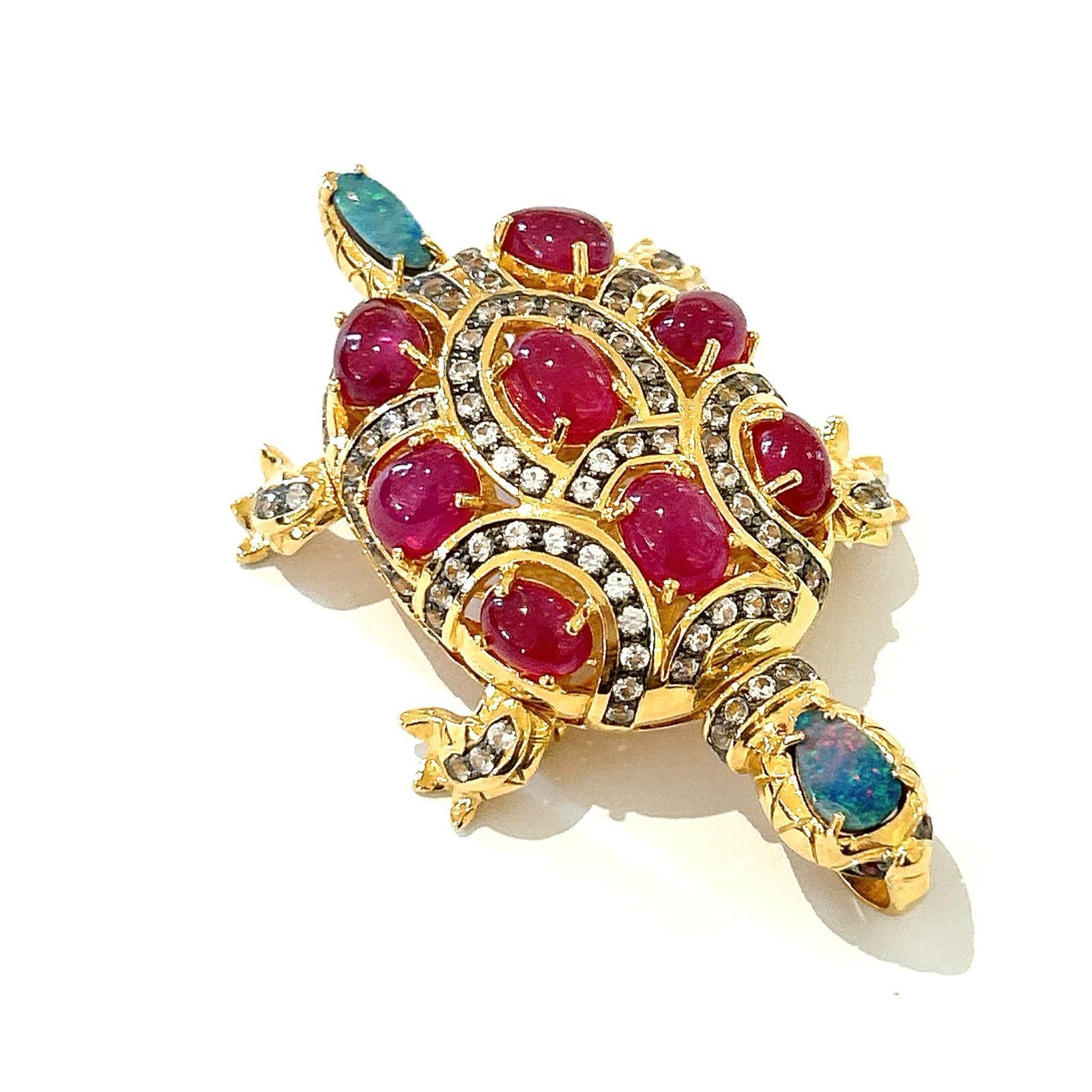 Bochic “Orient” Retro Multi Ruby, Topaz & Opal Brooch Set In 18K Gold & Silver  In New Condition For Sale In New York, NY