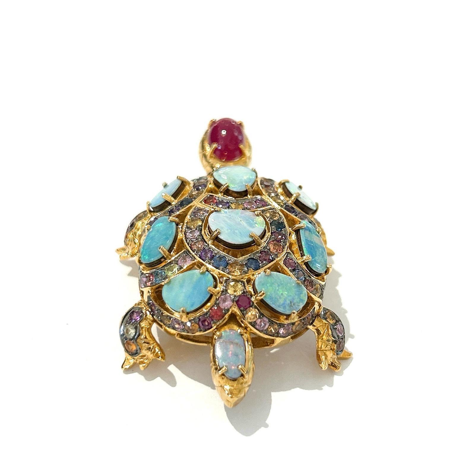 Art Deco Bochic “Orient” Retro Multi Sapphires & Opal Brooch Set In 18K Gold & Silver  For Sale