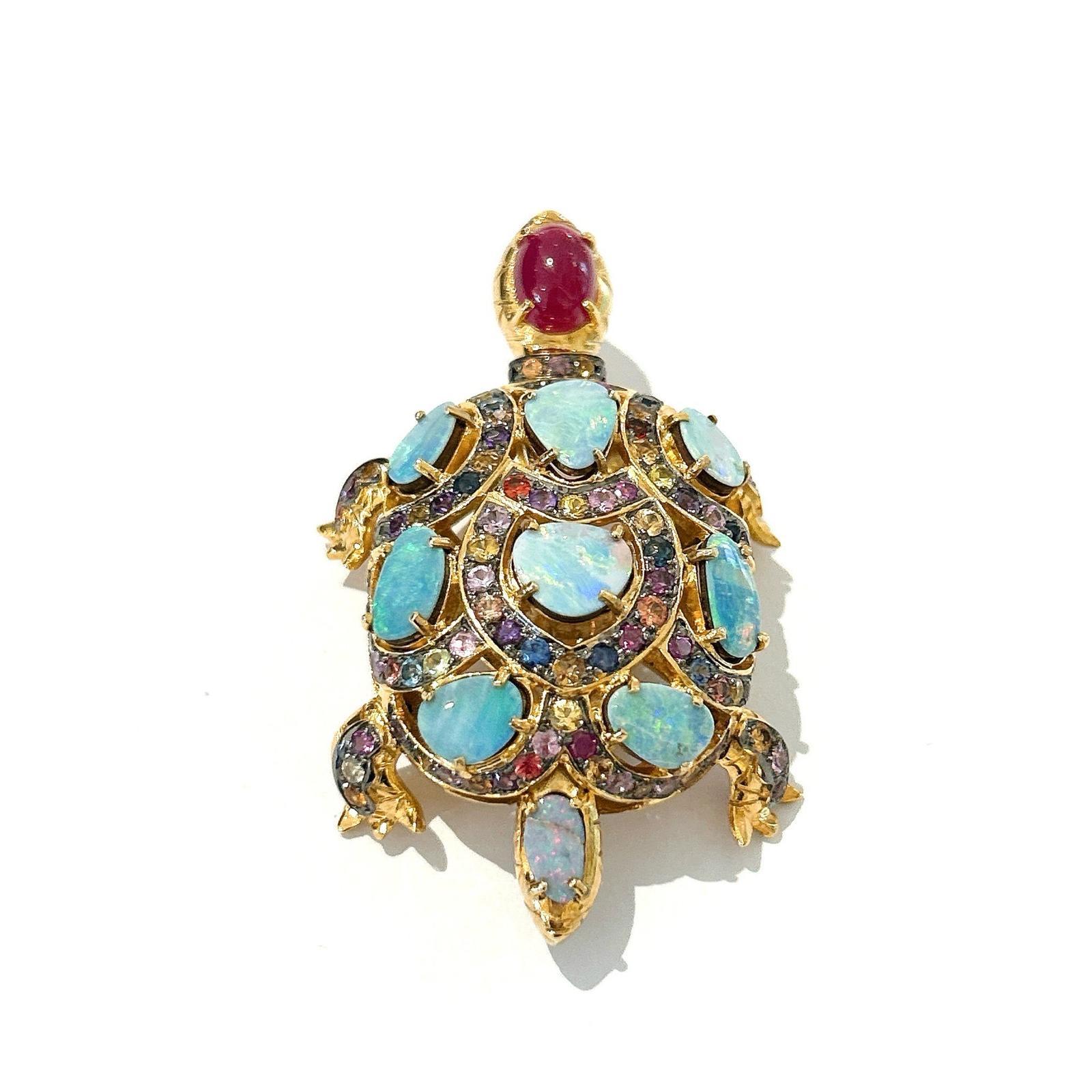 Cabochon Bochic “Orient” Retro Multi Sapphires & Opal Brooch Set In 18K Gold & Silver  For Sale