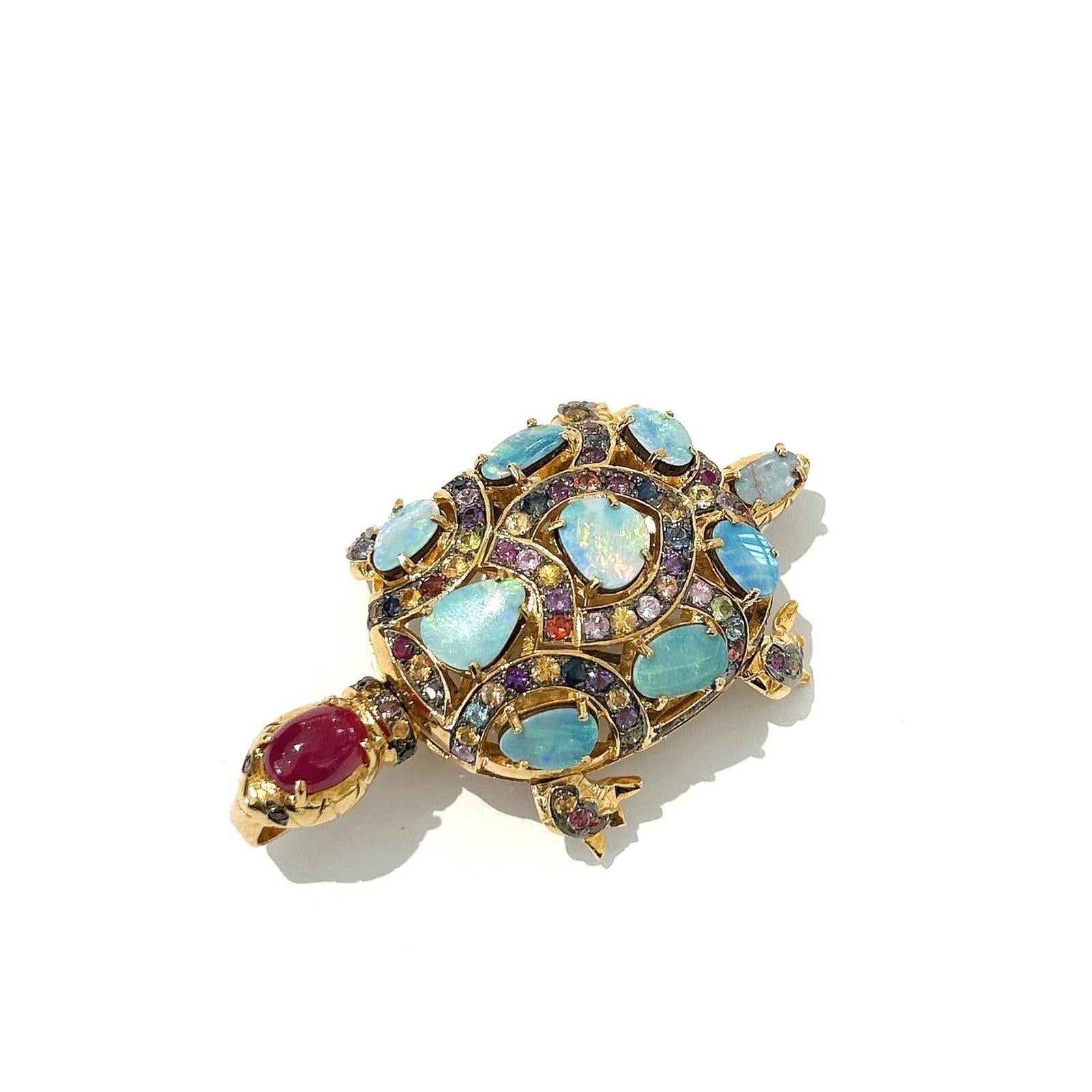 Women's Bochic “Orient” Retro Multi Sapphires & Opal Brooch Set In 18K Gold & Silver  For Sale