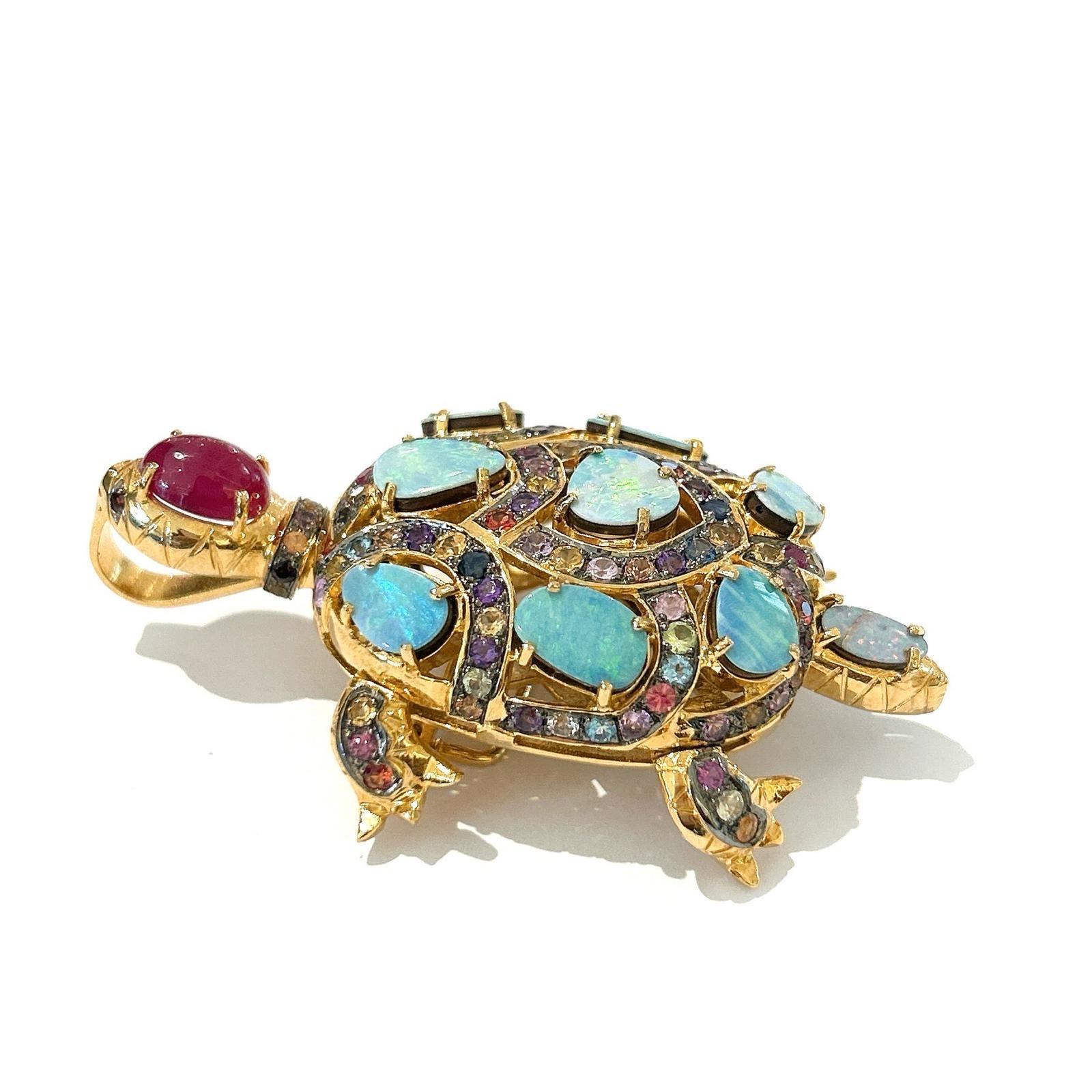 Bochic “Orient” Retro Multi Sapphires & Opal Brooch Set In 18K Gold & Silver  For Sale 1