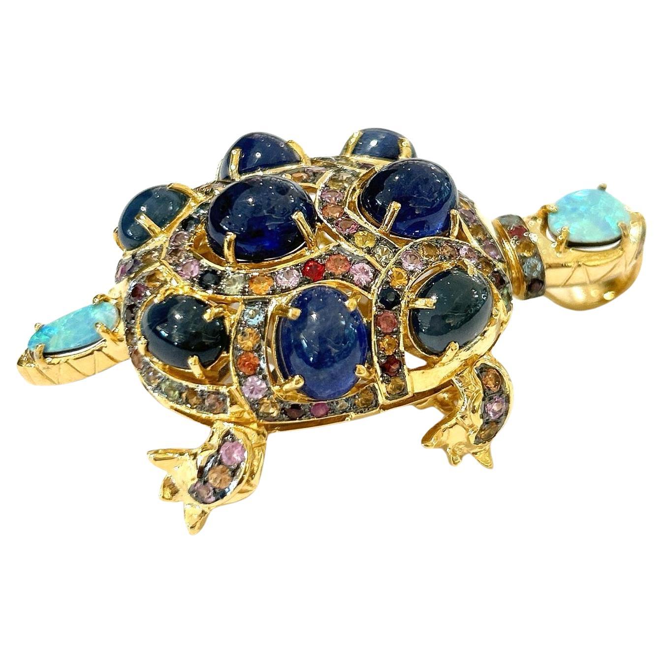 Bochic “Orient” Retro Multi Sapphires & Opal Brooch Set In 18K Gold & Silver  For Sale