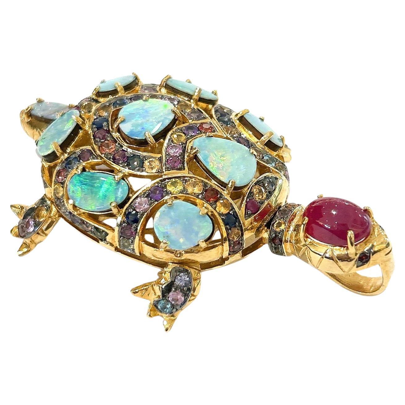 Bochic “Orient” Retro Multi Sapphires & Opal Brooch Set In 18K Gold & Silver  For Sale