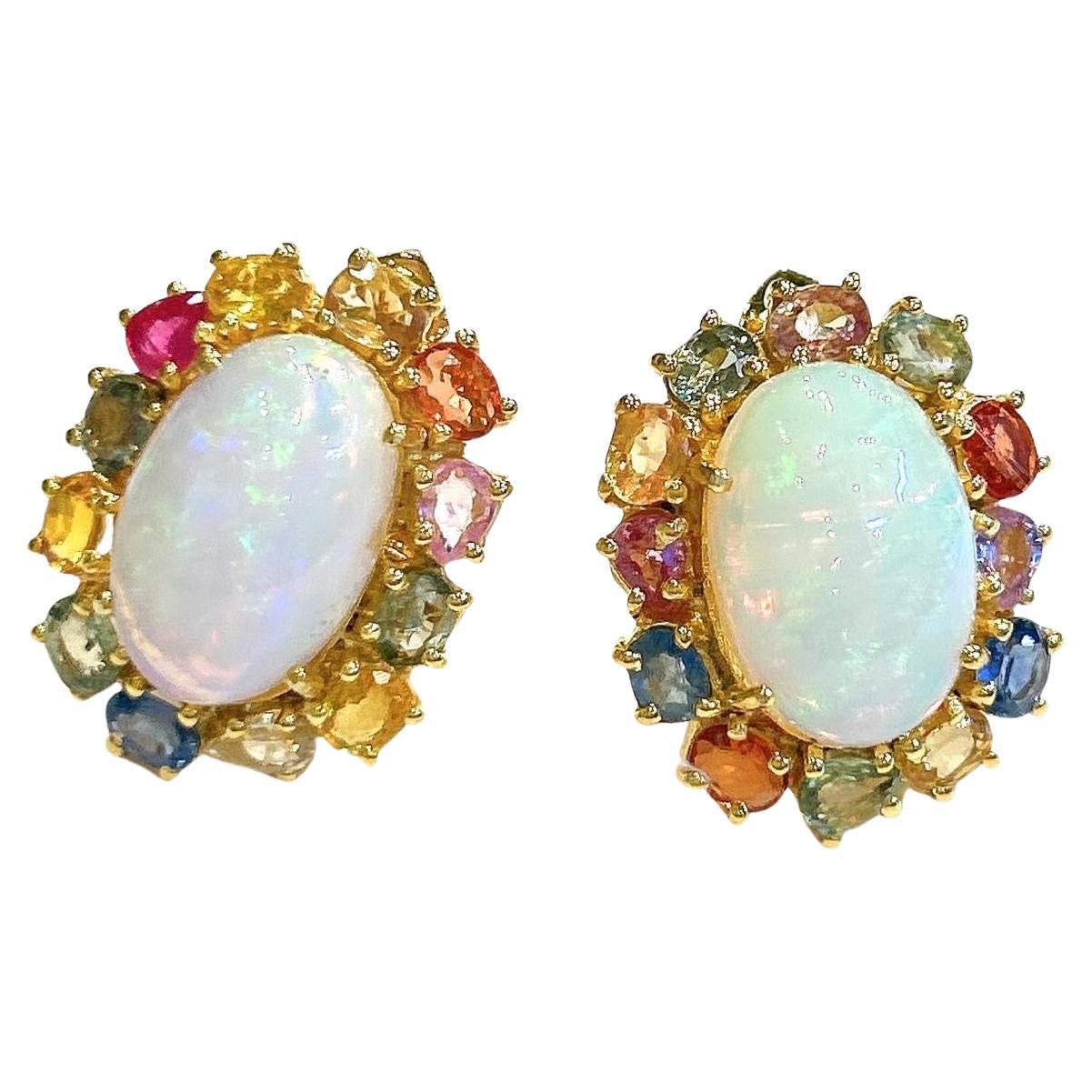 Bochic “Orient” Retro Opal, Ruby & Multi Color Fancy Sapphire Earrings Set In 18