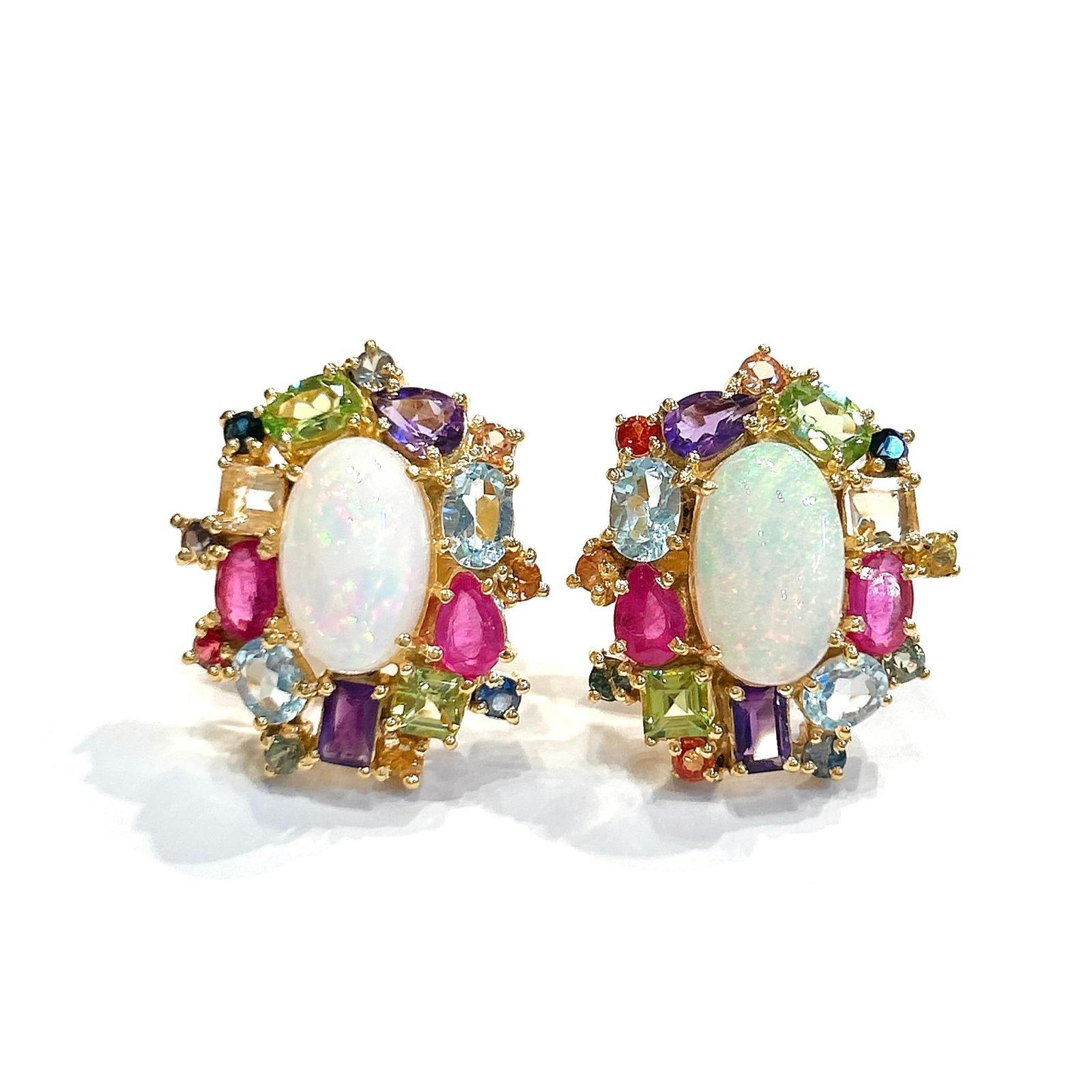 Bochic “Orient” Retro Opal, Ruby & Sapphire Earrings Set In 18K Gold & Sapphire For Sale 5