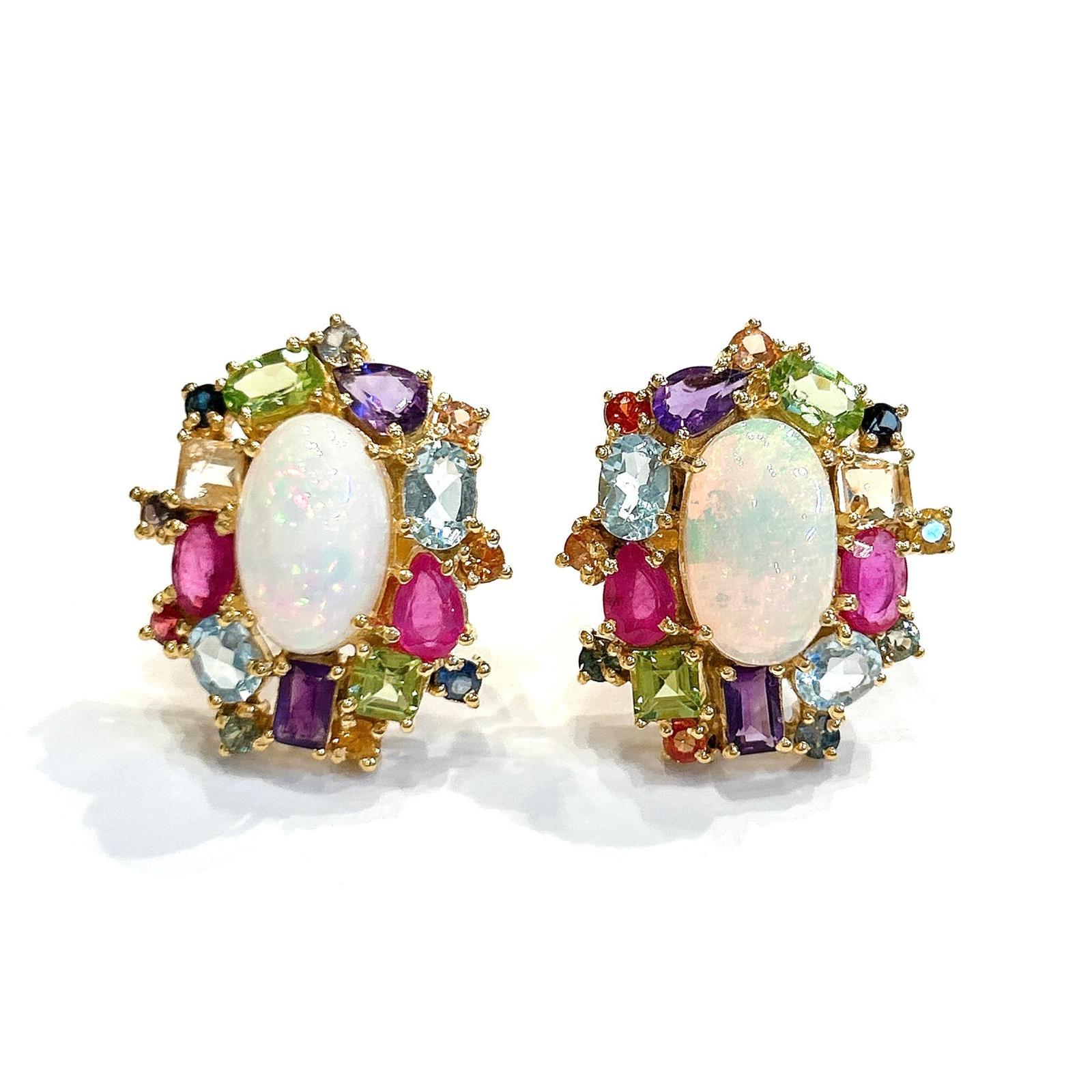 Bochic “Orient” Retro Opal, Ruby & Multi Color Fancy Sapphire Earrings Set In 18K Gold & Silver 

Natural White Opal, Cabochon Pear  shape - 17 carat
Natural Fancy Color Sapphires 
6 carat 
Natural Rubies - 2 carat 

The earrings from the 
