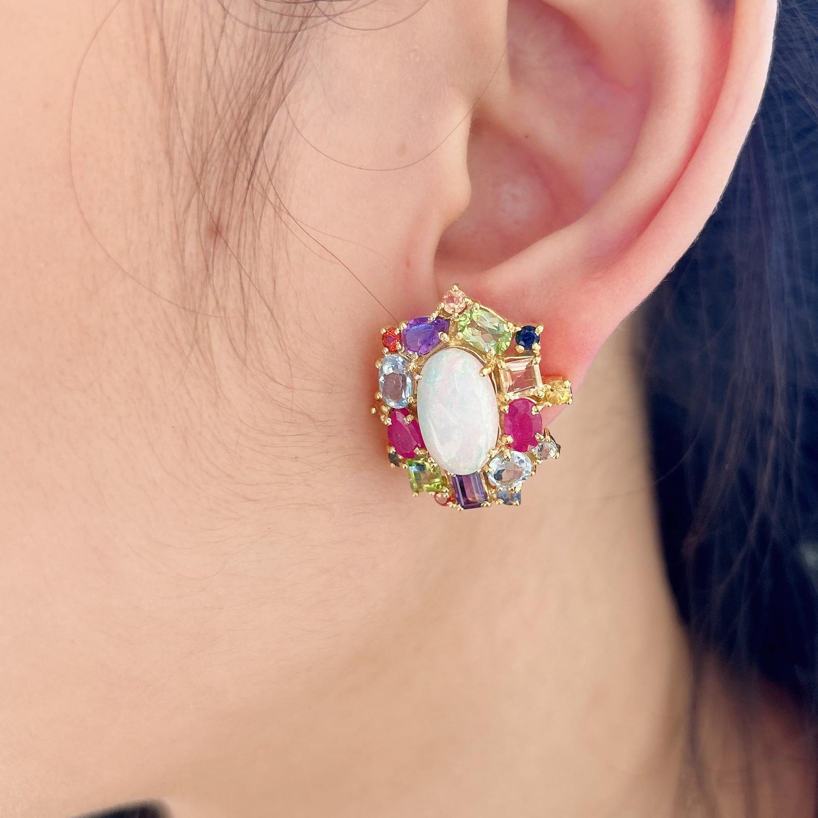 Baroque Bochic “Orient” Retro Opal, Ruby & Sapphire Earrings Set In 18K Gold & Sapphire For Sale