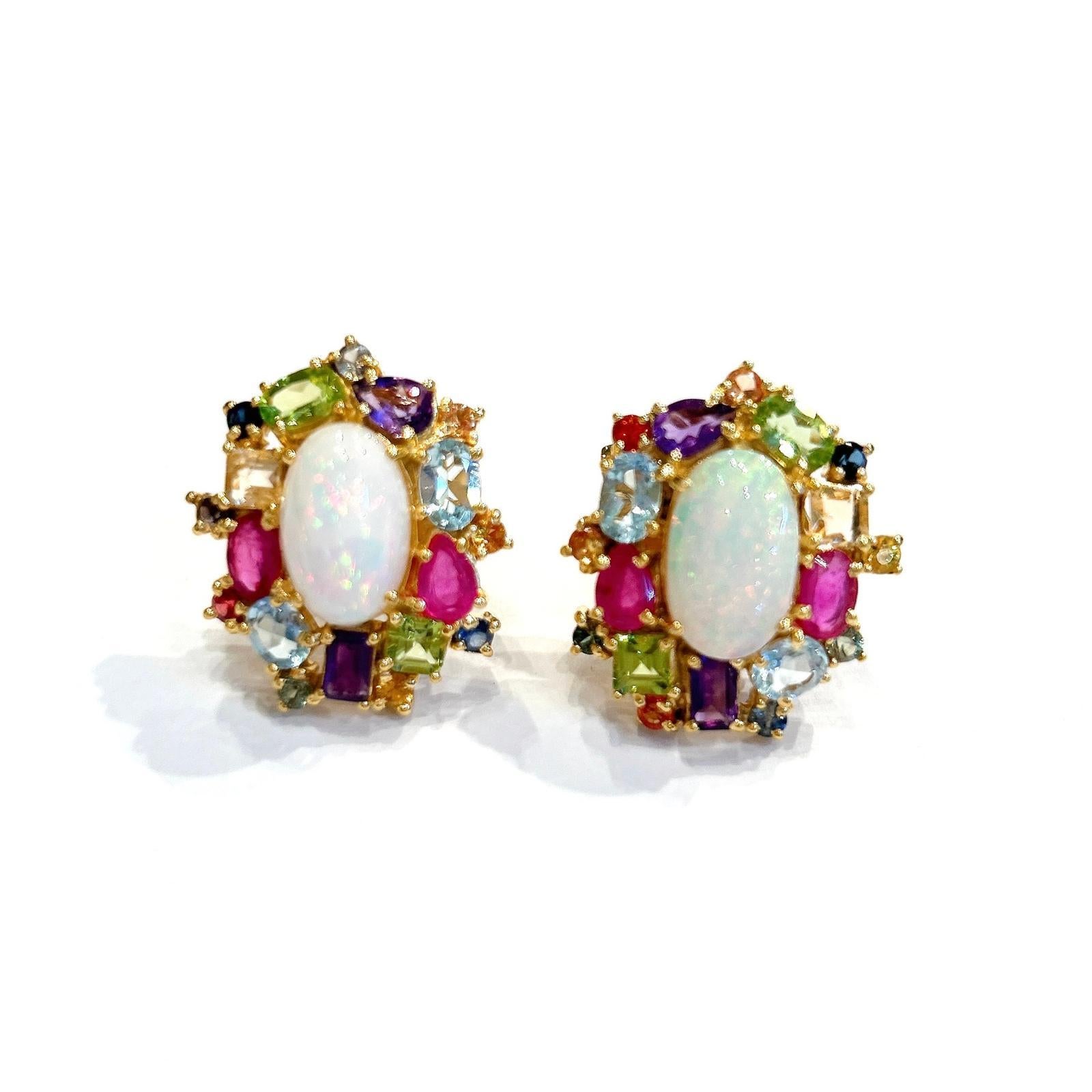 Brilliant Cut Bochic “Orient” Retro Opal, Ruby & Sapphire Earrings Set In 18K Gold & Sapphire For Sale