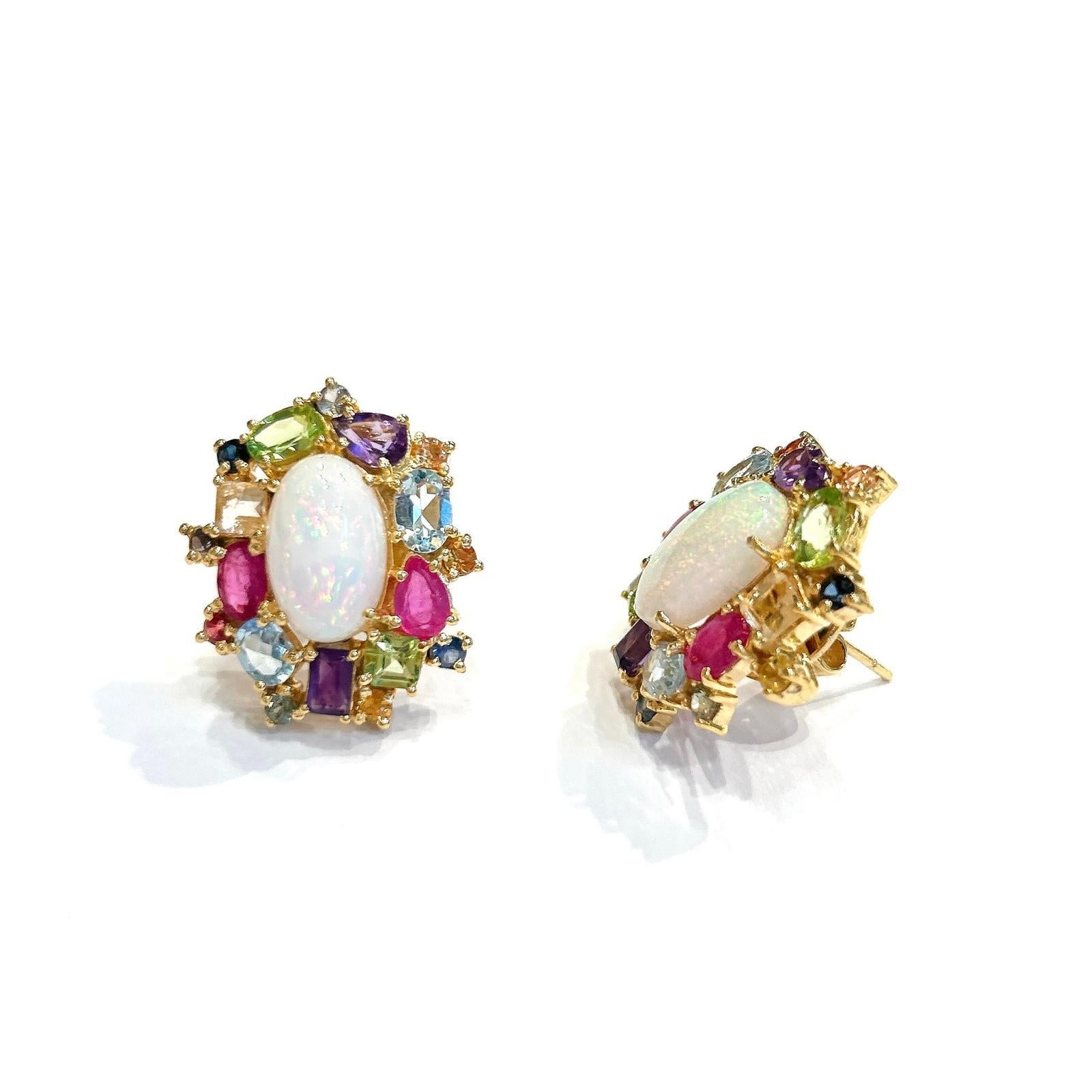 Bochic “Orient” Retro Opal, Ruby & Sapphire Earrings Set In 18K Gold & Sapphire In New Condition For Sale In New York, NY