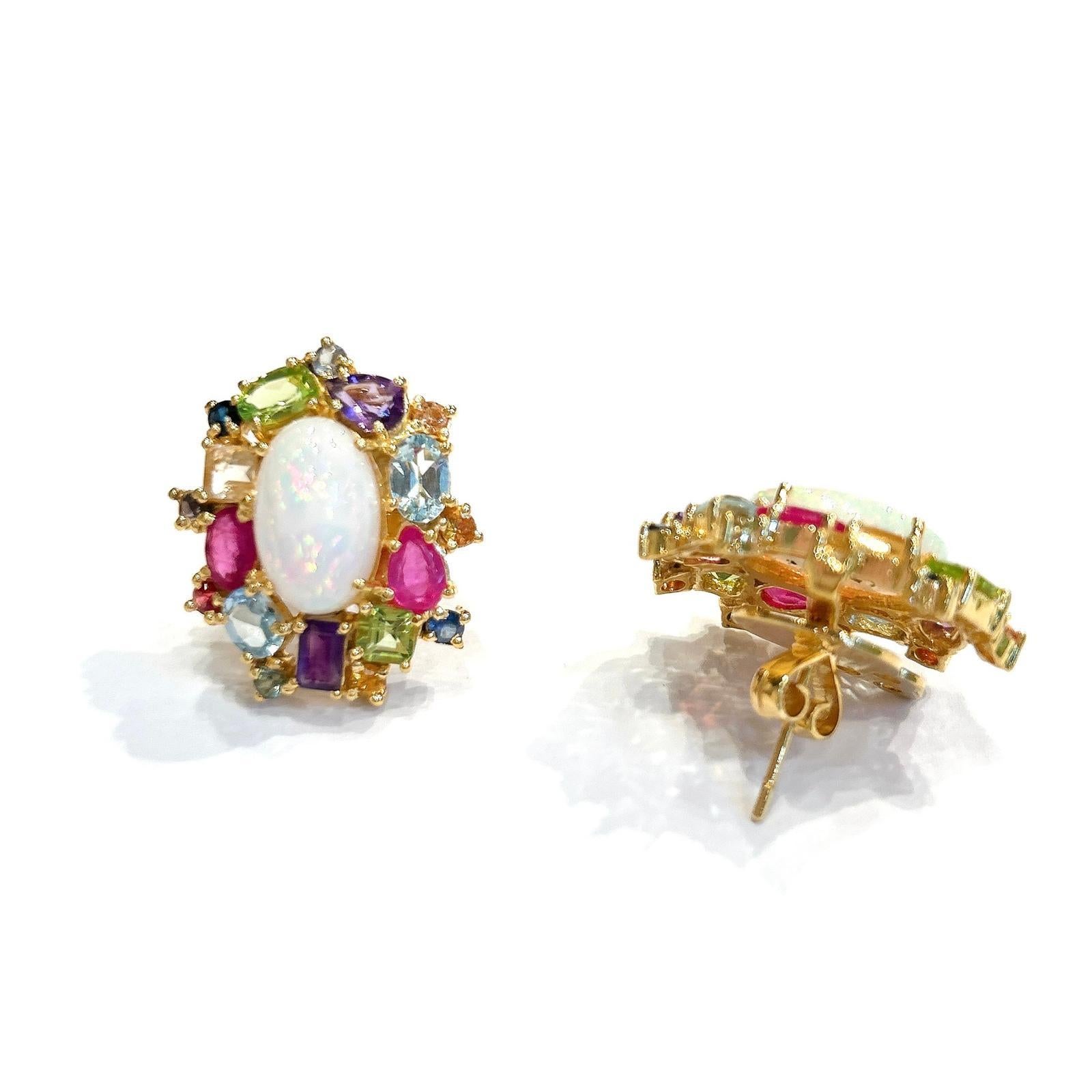 Bochic “Orient” Retro Opal, Ruby & Sapphire Earrings Set In 18K Gold & Sapphire For Sale 3