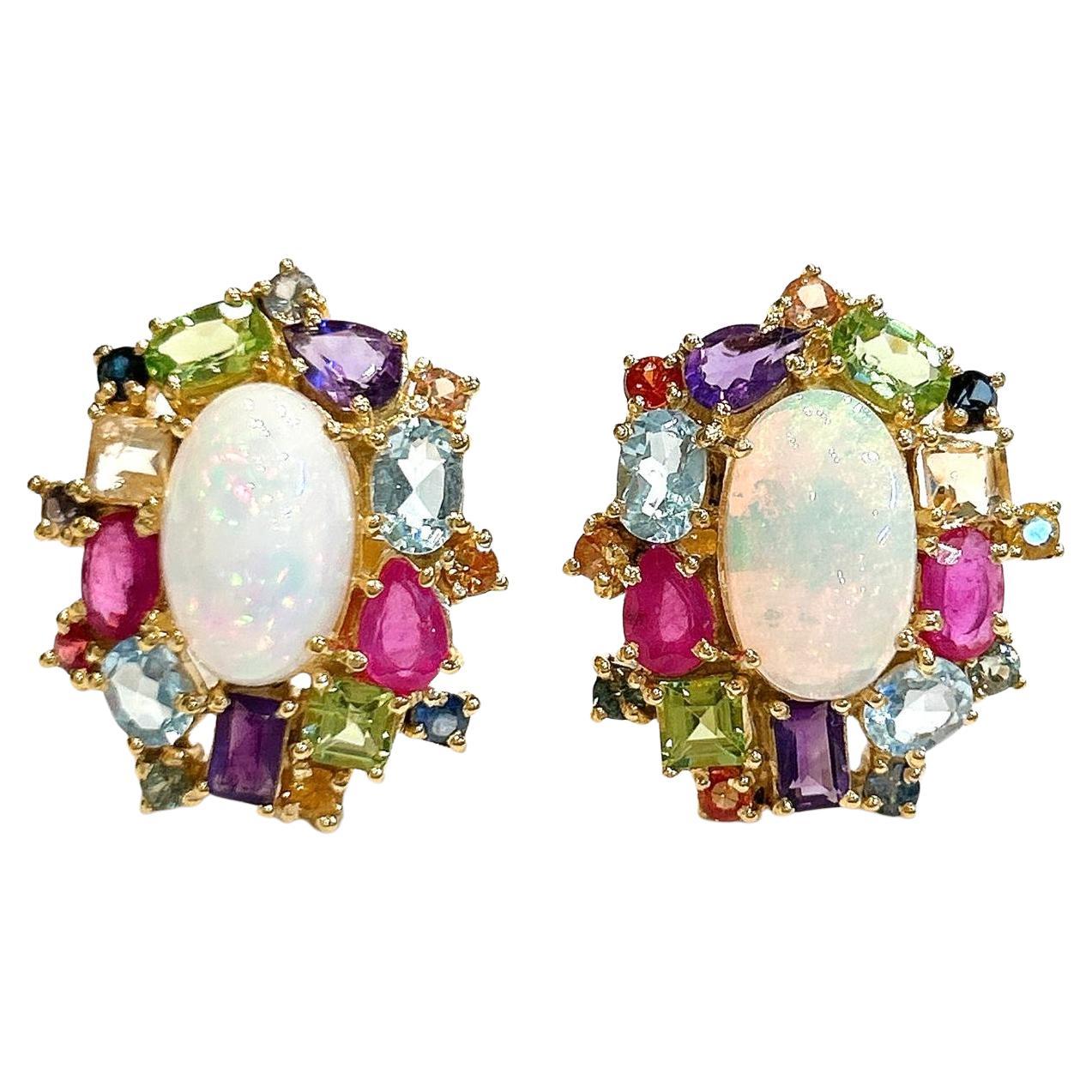 Pendientes Bochic "Orient" Retro de ópalo, rubí y zafiro engastados en oro de 18 quilates y zafiro