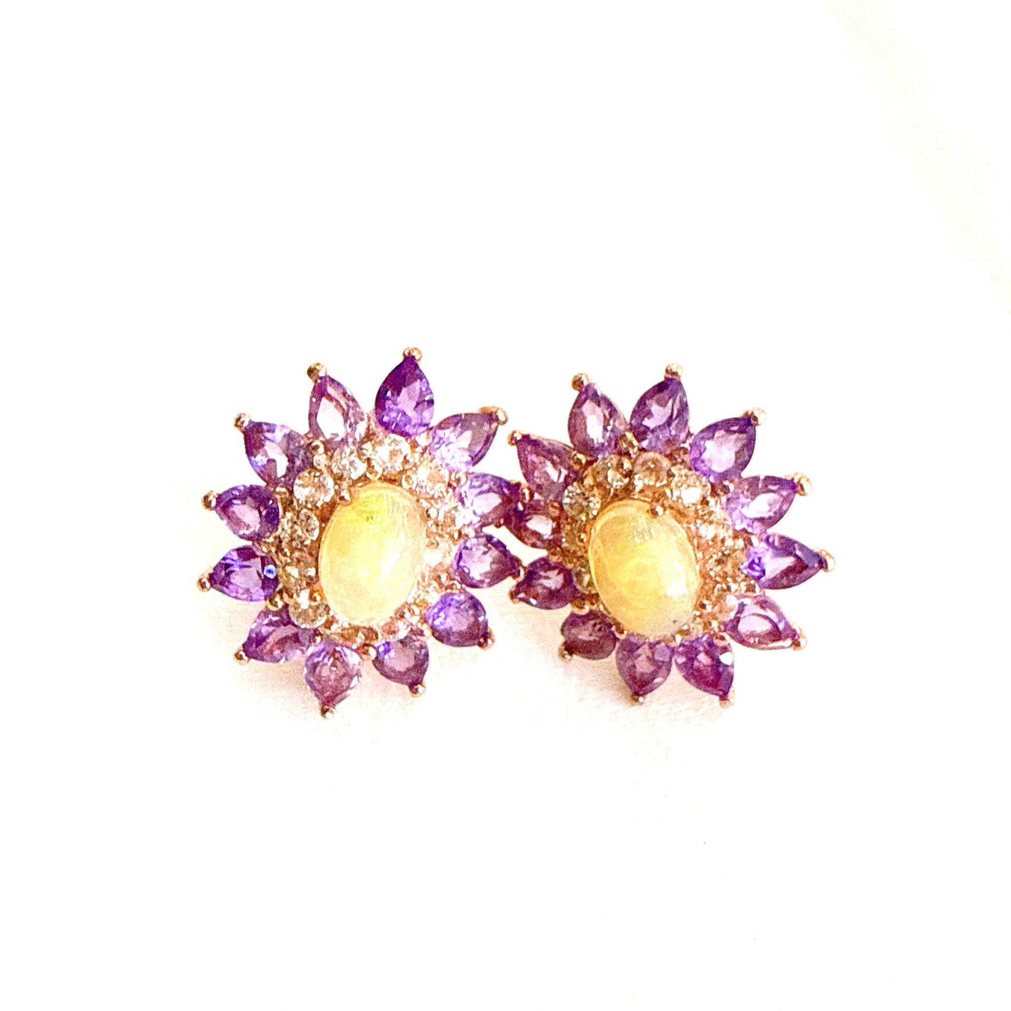 Bochic “Orient” Retro Opal, Topaz & Amethyst Earrings Set In 18K Gold & Silver For Sale 5