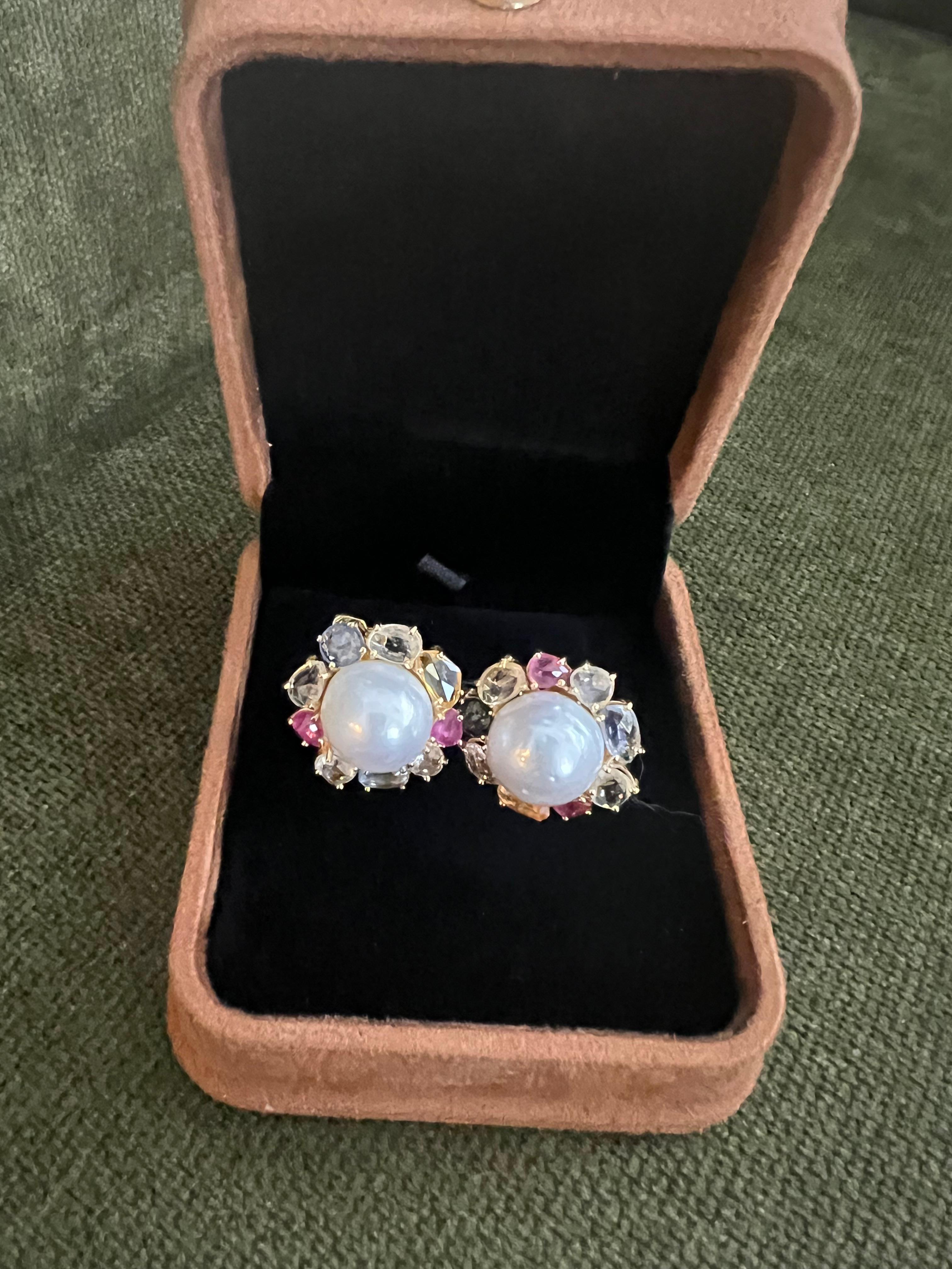 Bochic “Orient” Retro Opal, Topaz & Amethyst Earrings Set In 18K Gold & Silver For Sale 7