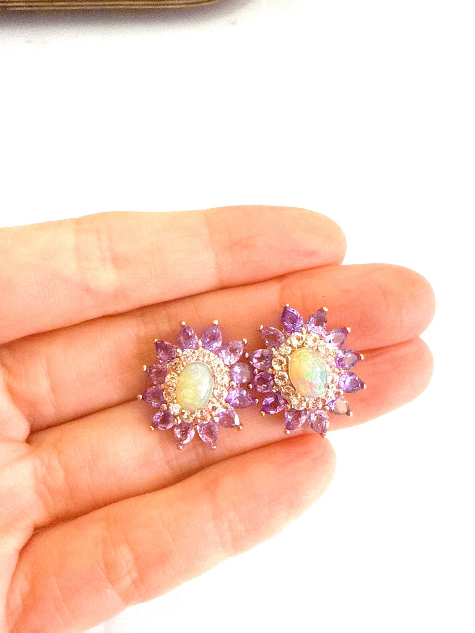 Women's or Men's Bochic “Orient” Retro Opal, Topaz & Amethyst Earrings Set In 18K Gold & Silver For Sale
