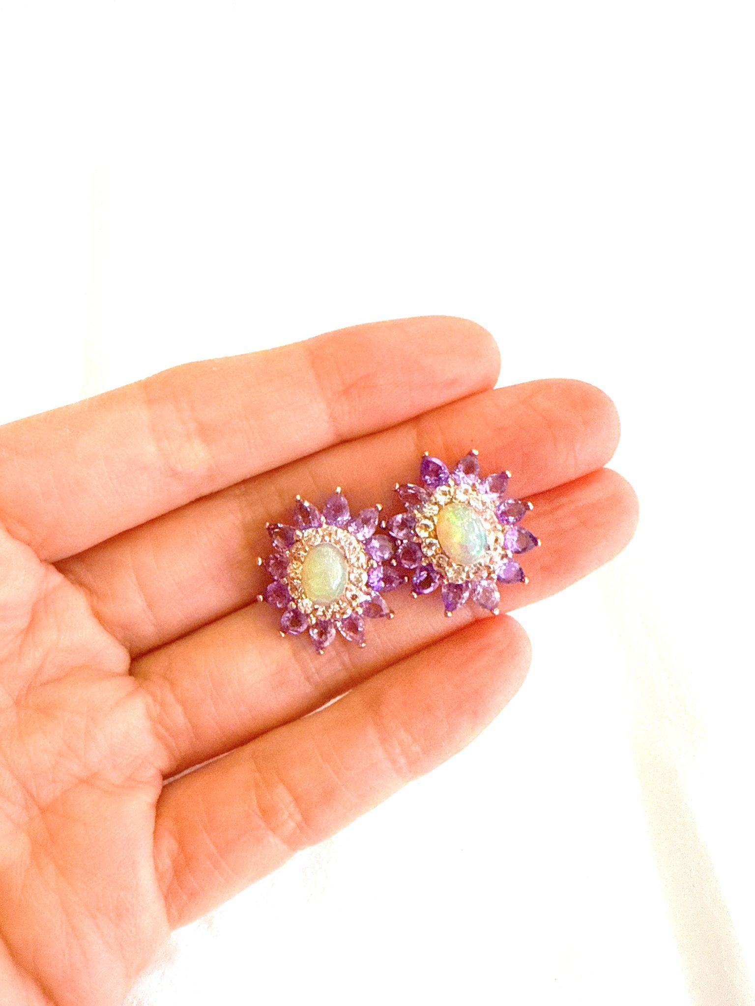 Bochic “Orient” Retro Opal, Topaz & Amethyst Earrings Set In 18K Gold & Silver For Sale 1
