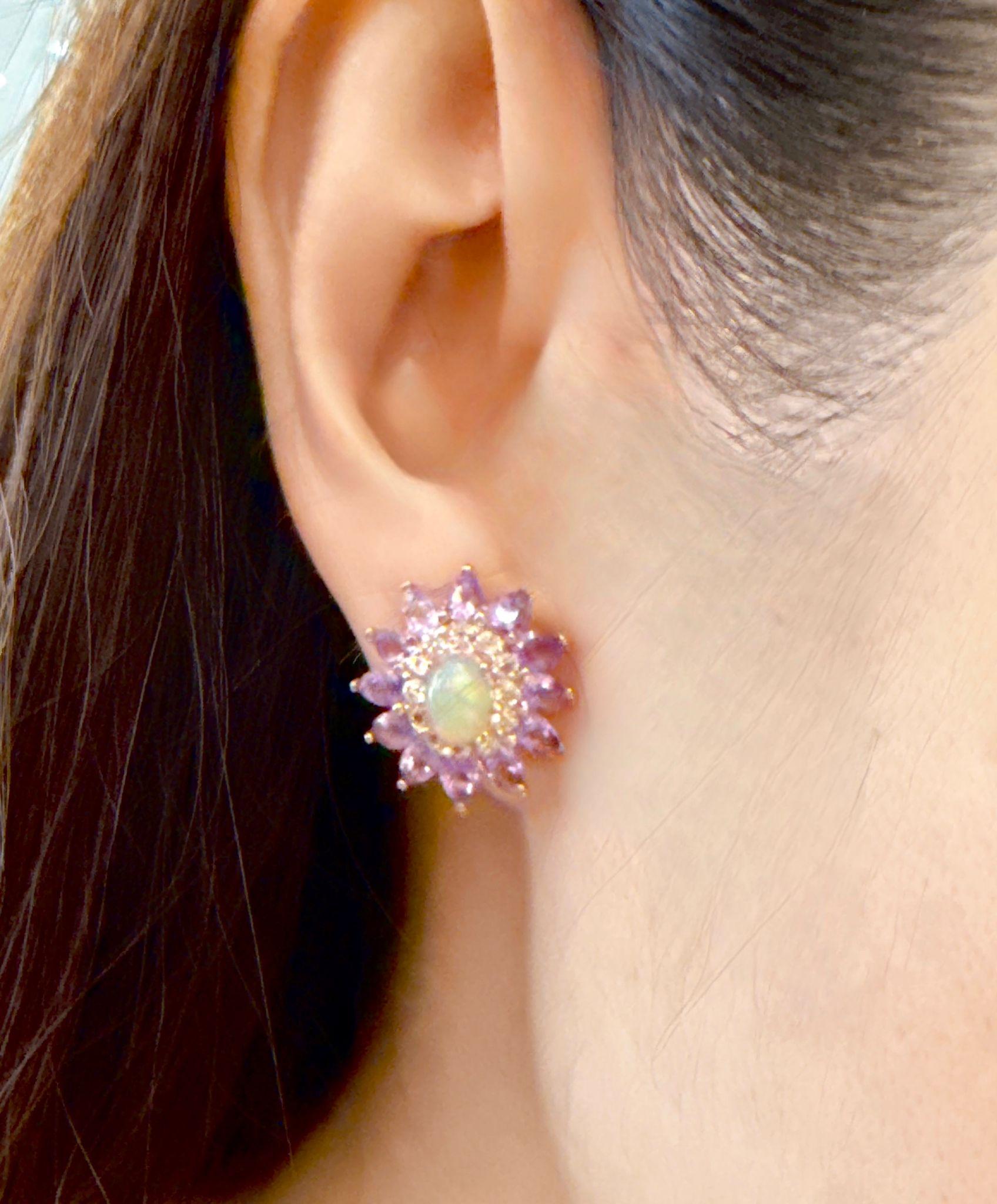 Bochic “Orient” Retro Opal, Topaz & Amethyst Earrings Set In 18K Gold & Silver For Sale 3