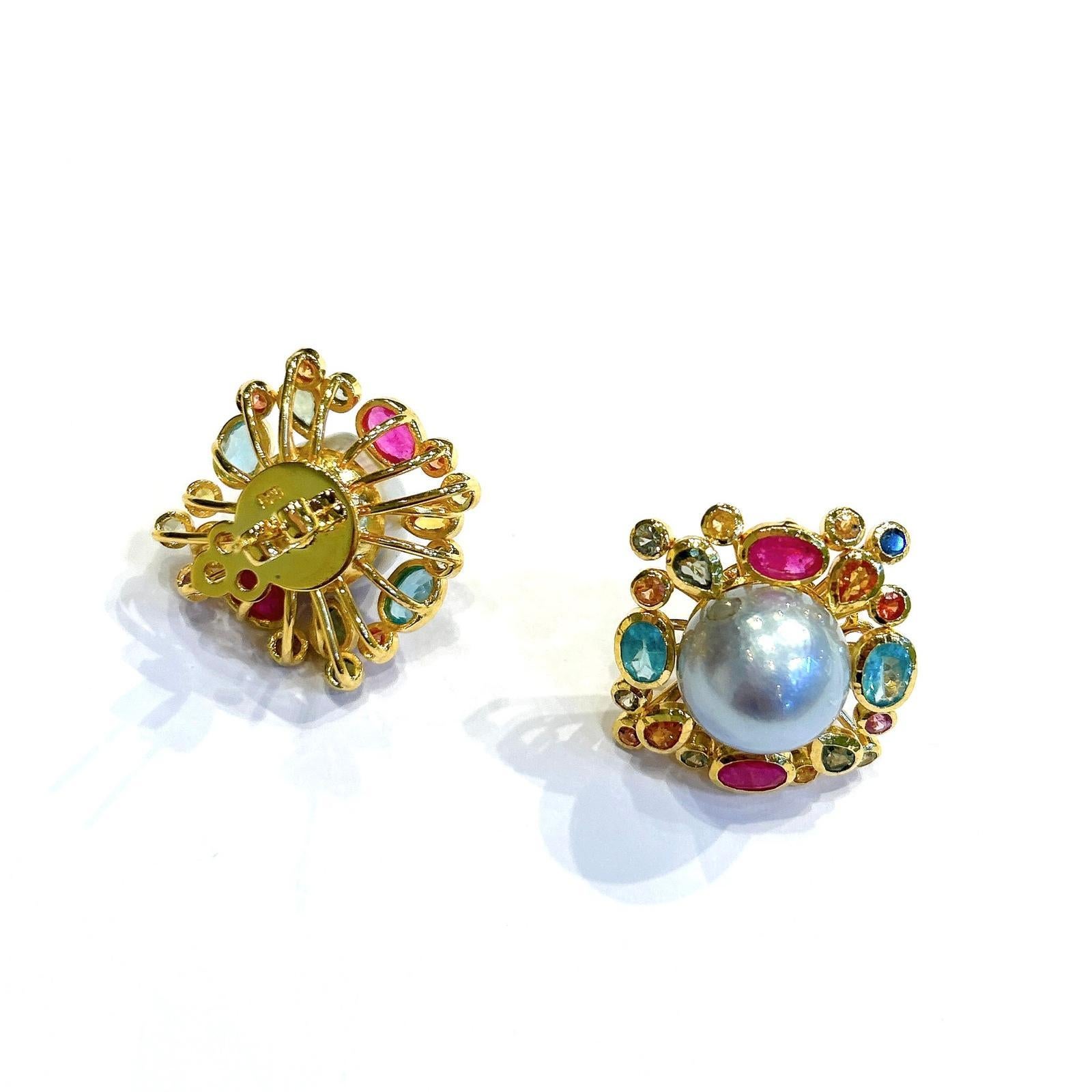 Bochic “Orient” Retro Pearl, Ruby & Multi Gem Earrings Set In 18K Gold & Silver For Sale 6