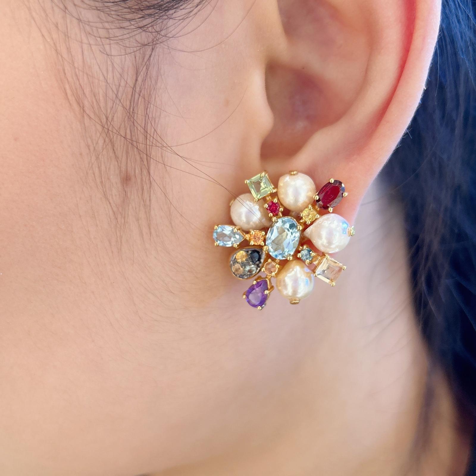 Bochic “Orient” Retro Pearl, Ruby & Multi Gem Earrings Set In 18K Gold & Silver For Sale 7