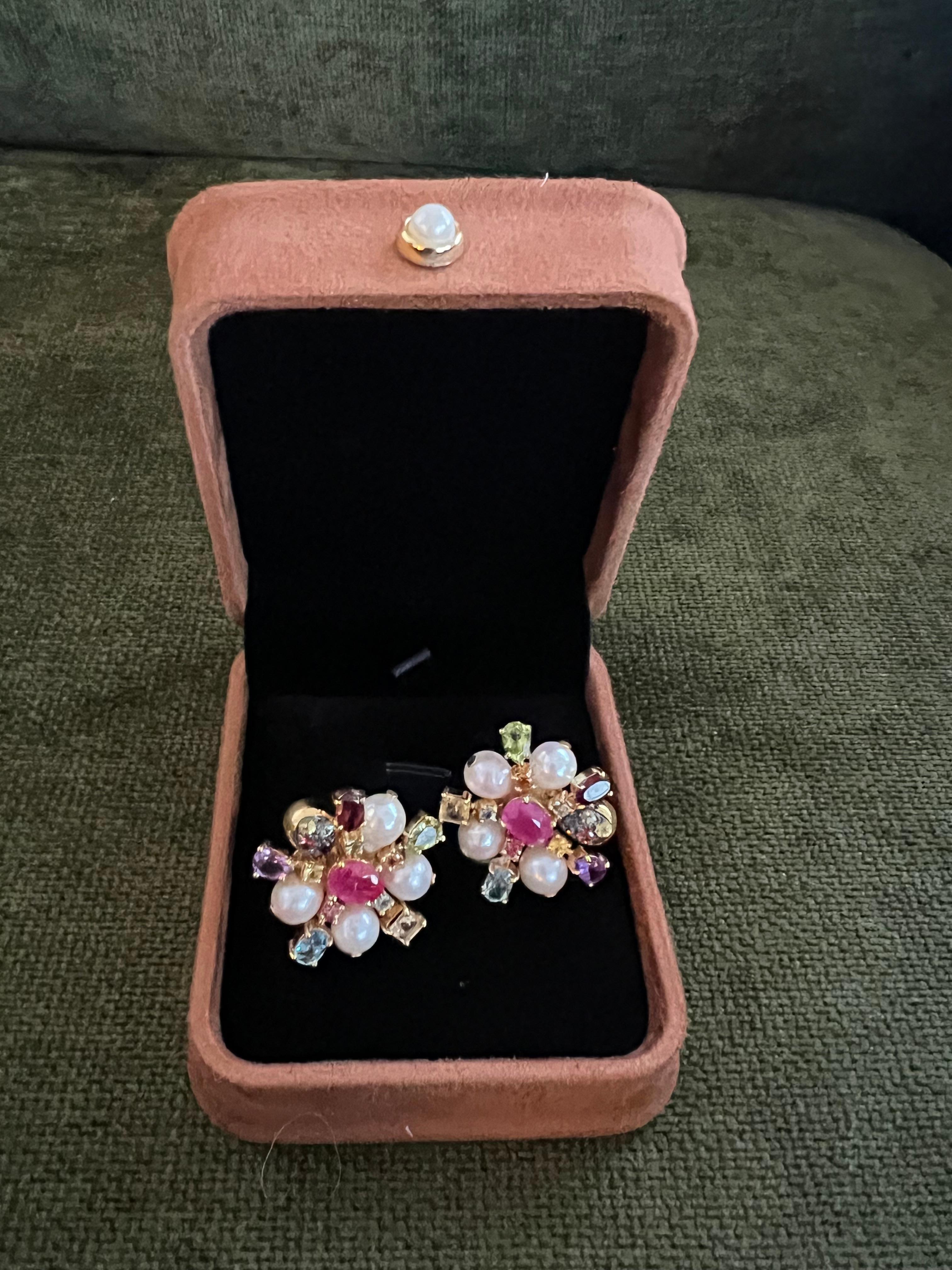 Bochic “Orient” Retro Pearl, Ruby & Multi Gem Earrings Set In 18K Gold & Silver For Sale 8