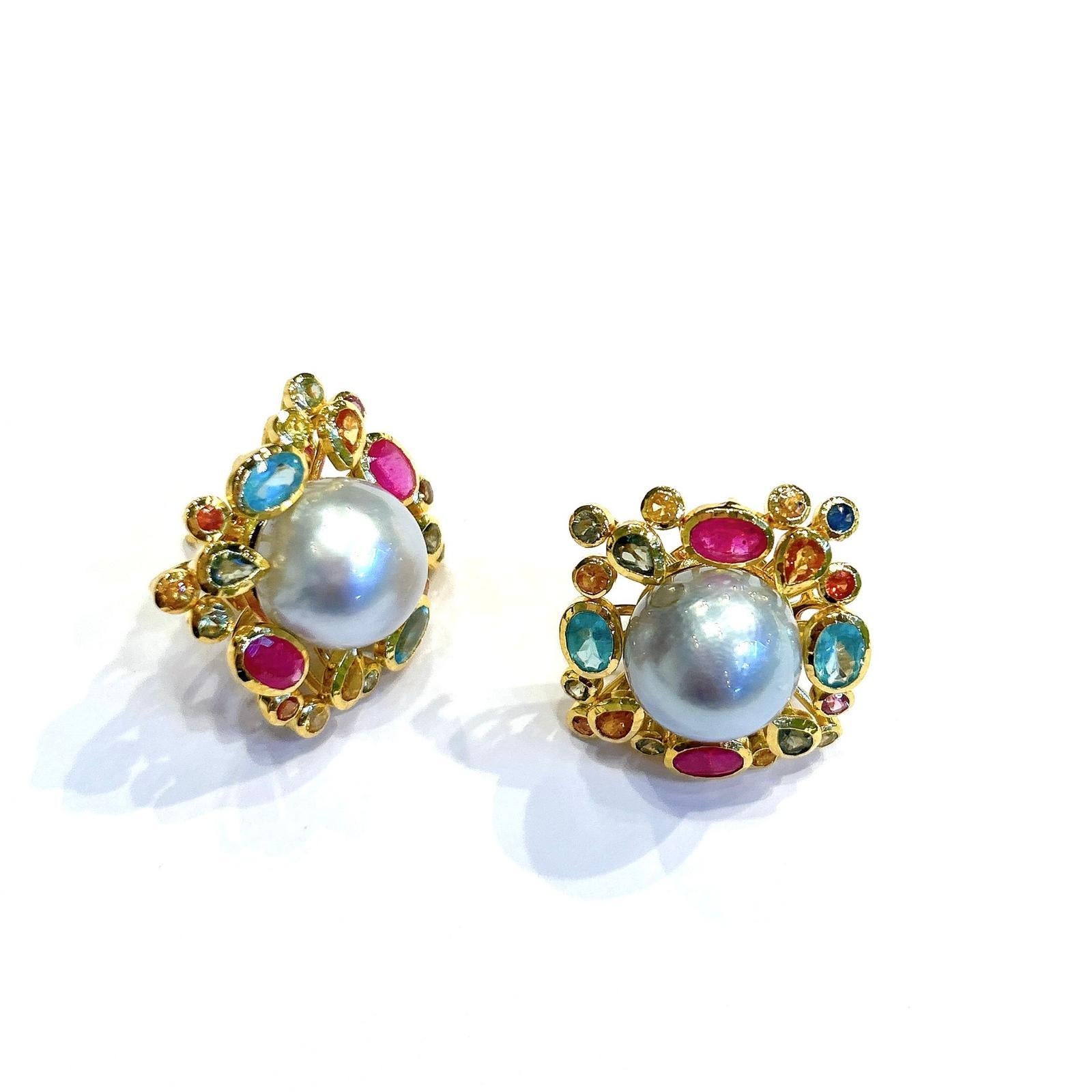 Brilliant Cut Bochic “Orient” Retro Pearl, Ruby & Multi Gem Earrings Set In 18K Gold & Silver For Sale