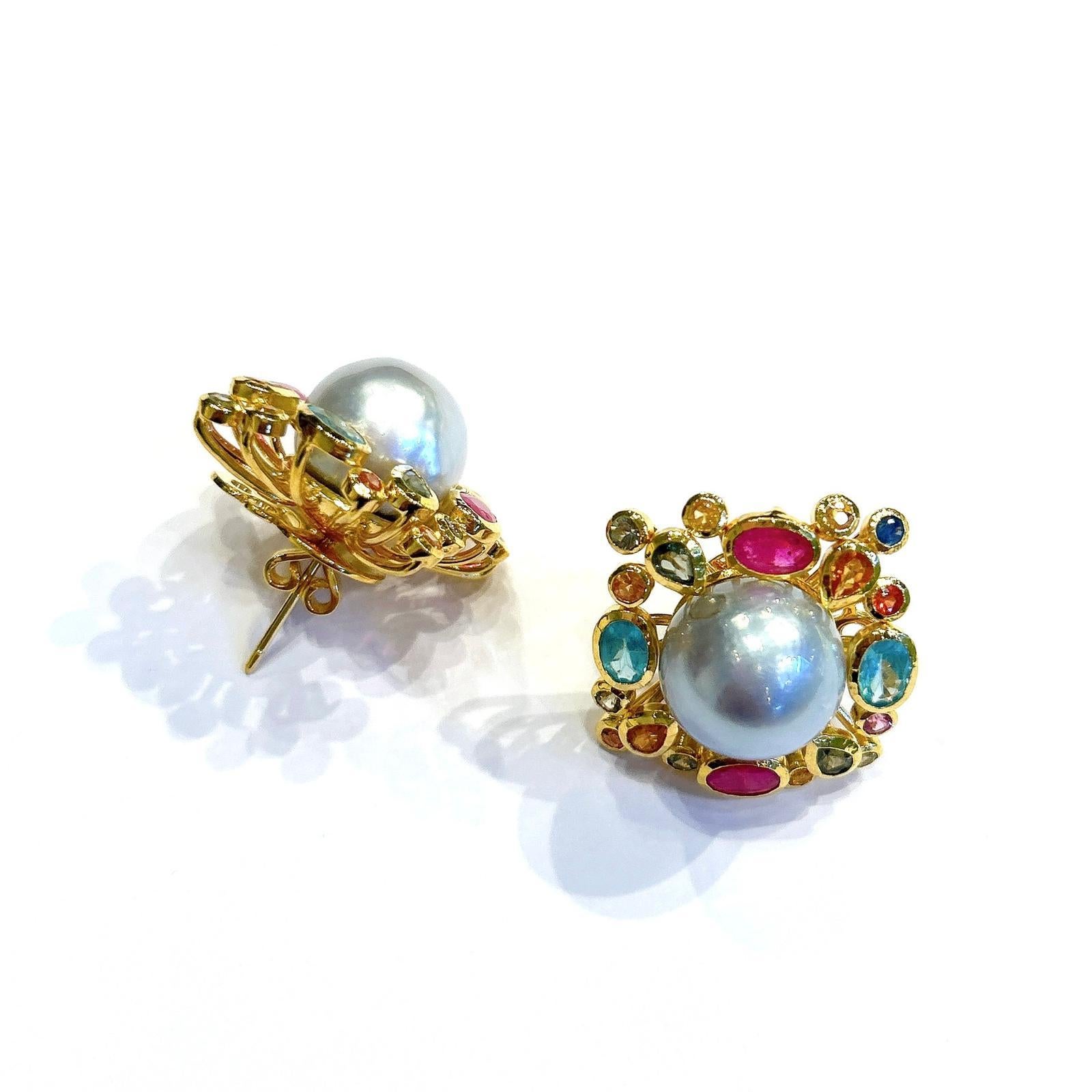 Bochic “Orient” Retro Pearl, Ruby & Multi Gem Earrings Set In 18K Gold & Silver In New Condition For Sale In New York, NY
