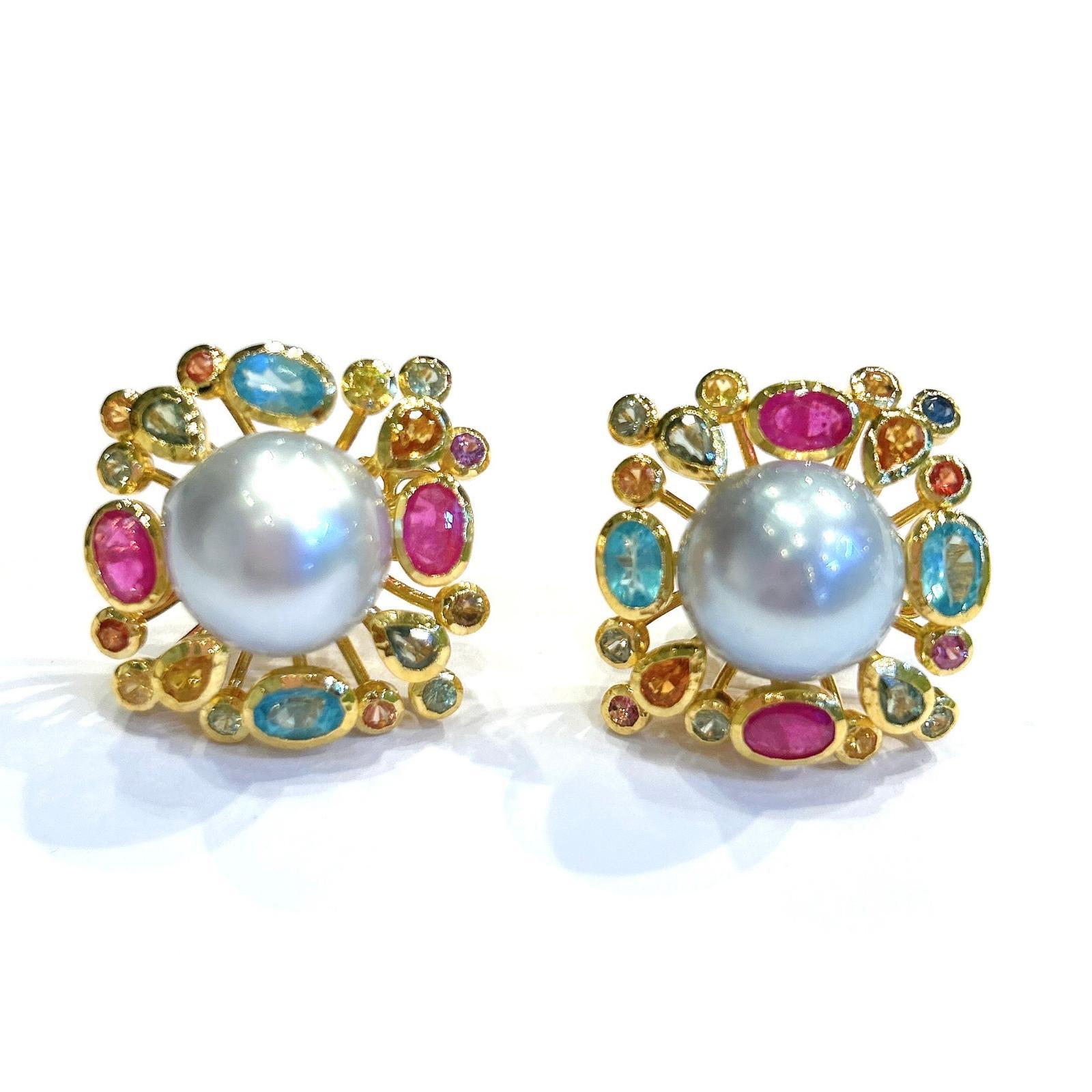 Bochic “Orient” Retro Pearl, Ruby & Multi Gem Earrings Set In 18K Gold & Silver For Sale 2