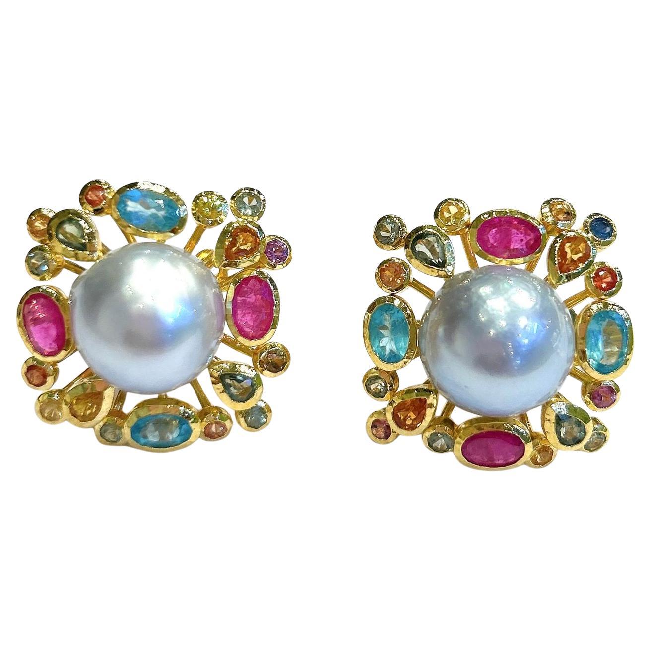 Bochic “Orient” Retro Pearl, Ruby & Multi Gem Earrings Set In 18K Gold & Silver For Sale