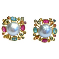 Boucles d'oreilles Bochic Orient rétro en or et argent 18 carats serties de perles, rubis et multi-gemmes