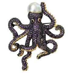 Bochic "Orient" Rose rétro, violet améthyste  Broche en or et argent 18 carats avec perles 