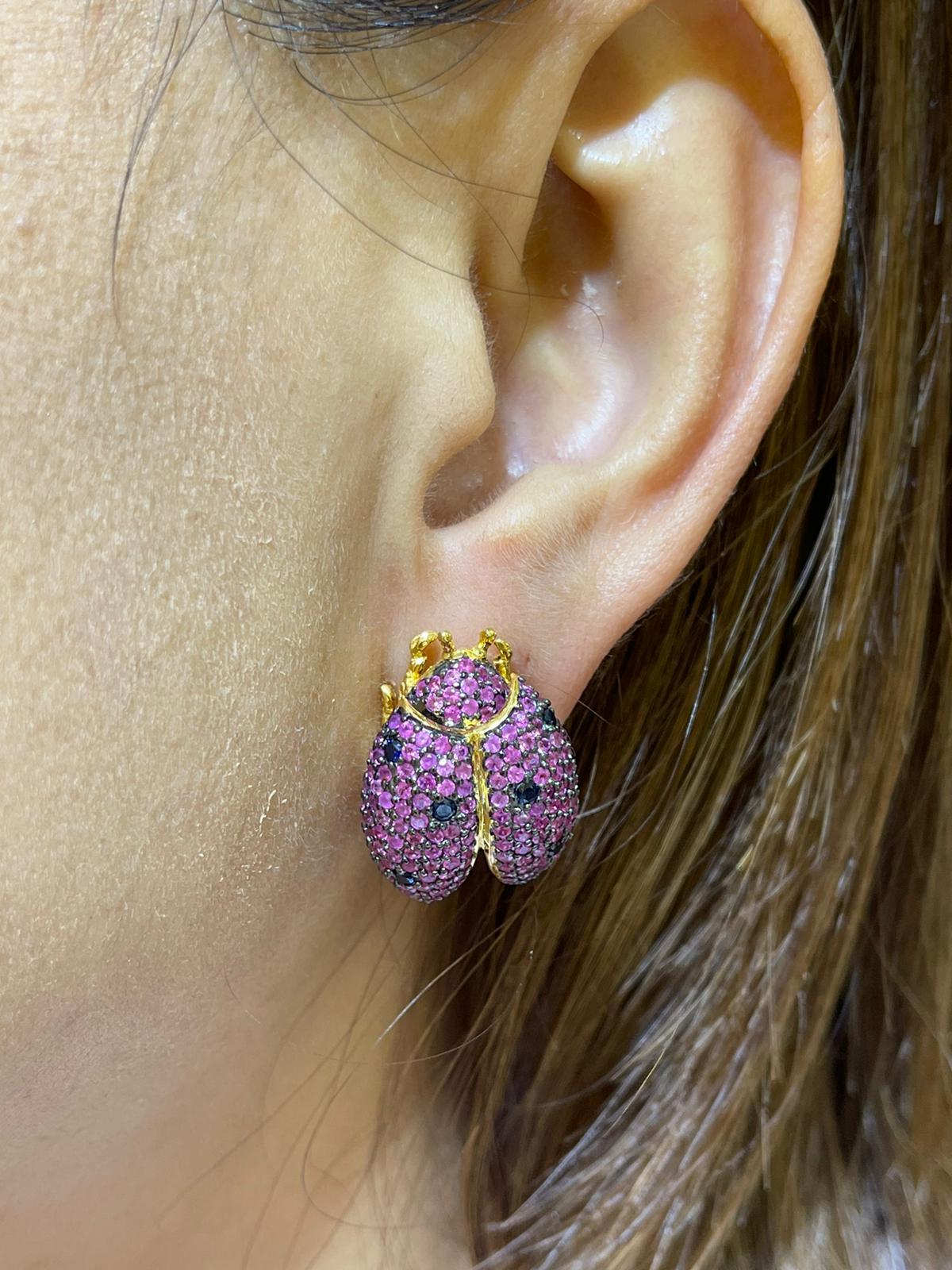 Women's or Men's Bochic “Orient” Retro Pink Sapphire Beatle Earrings Set In 18K Gold & Silver  For Sale