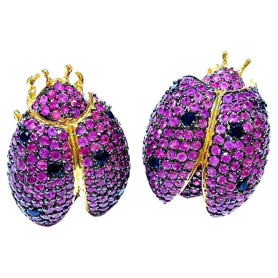 Bochic “Orient” Retro Pink Sapphire Beatle Earrings Set In 18K Gold & Silver  For Sale
