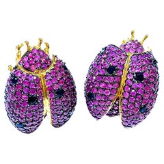 Bochic “Orient” Retro Pink Sapphire Beatle Earrings Set In 18K Gold & Silver 