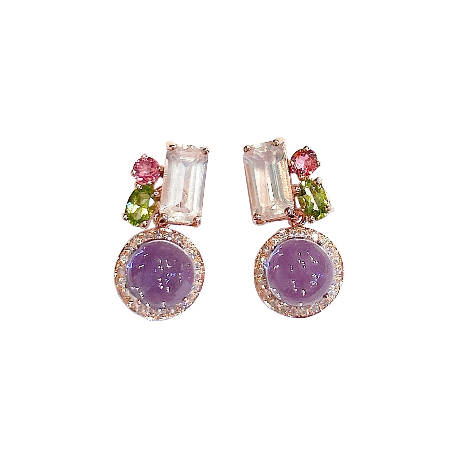 Boucles d'oreilles Bochic Orient rétro en or et argent 18 carats, quartz rose et améthyste