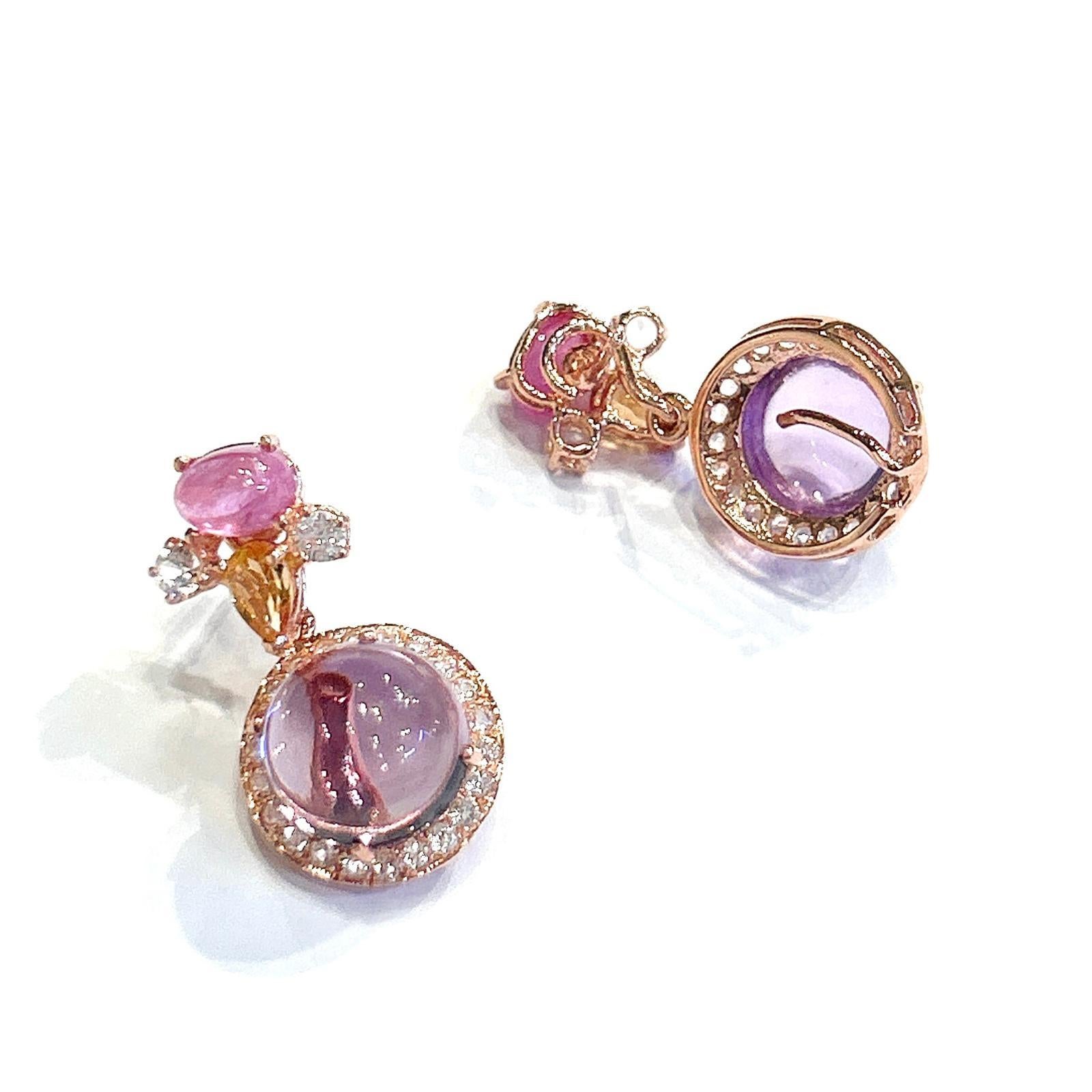 Bochic “Orient” Retro Ruby, Sapphire & Amethyst Earrings Set 18K Gold & Silver For Sale 3