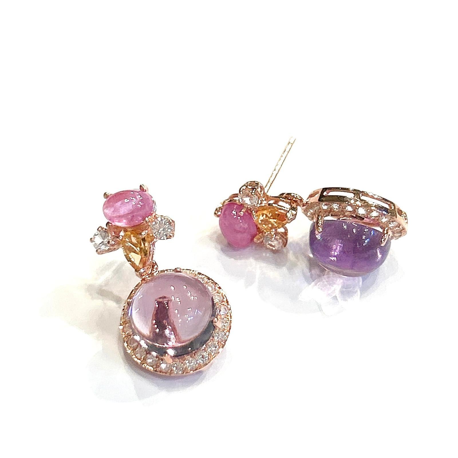 Bochic “Orient” Retro Ruby, Sapphire & Amethyst Earrings Set 18K Gold & Silver For Sale 4