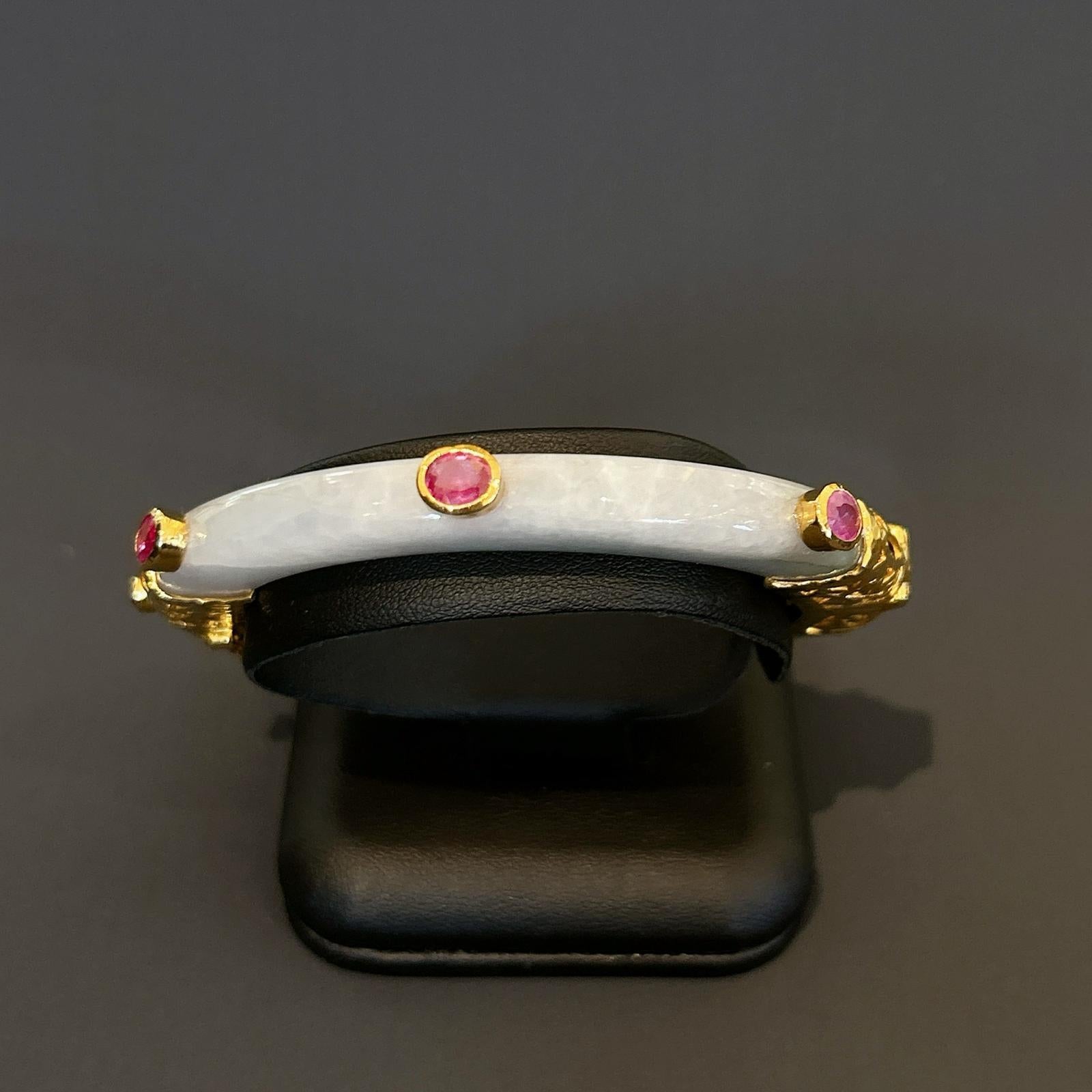 Cabochon Bochic “Orient” Retro Ruby & Vintage Jade Bangle Set In 18K Gold & Silver  For Sale