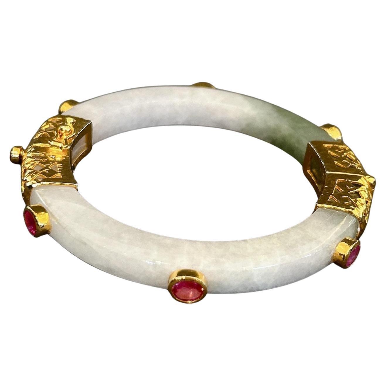 Bochic “Orient” Retro Ruby & Vintage Jade Bangle Set In 18K Gold & Silver  For Sale