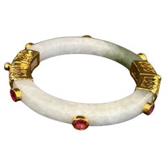 Conjunto de brazalete Bochic "Orient" Retro de rubí y jade vintage en oro de 18 quilates y plata