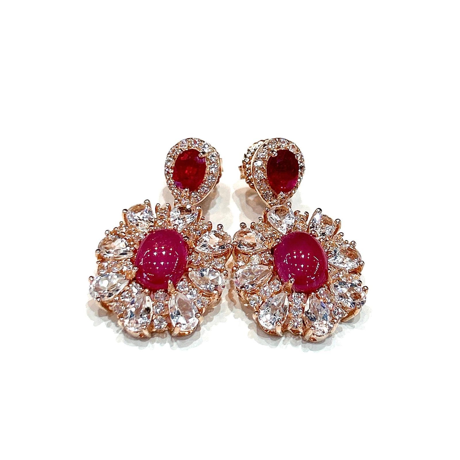 Brilliant Cut Bochic “Orient” Retro Ruby & White Topaz  Earrings Set In 18K Gold & Silver