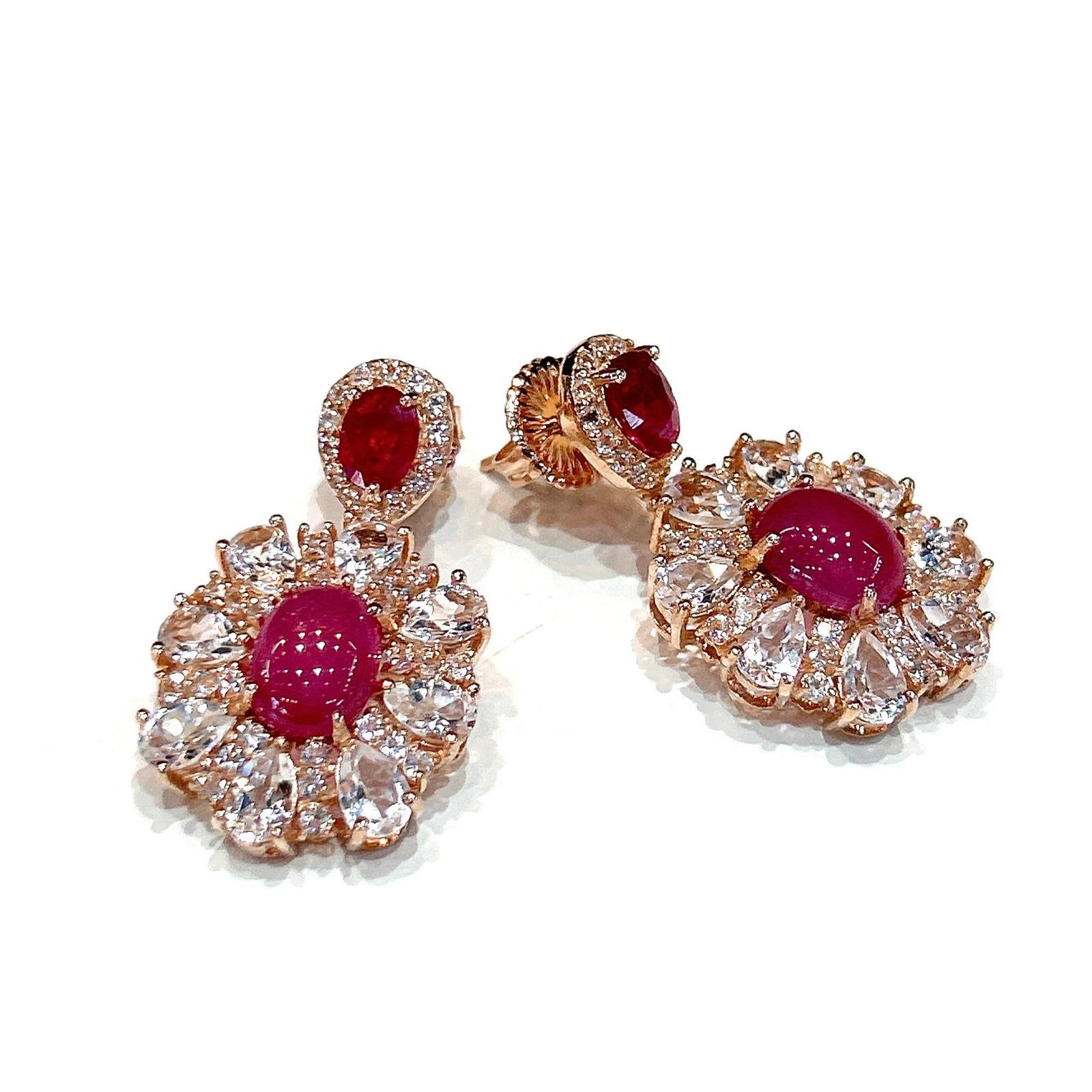 Women's or Men's Bochic “Orient” Retro Ruby & White Topaz  Earrings Set In 18K Gold & Silver