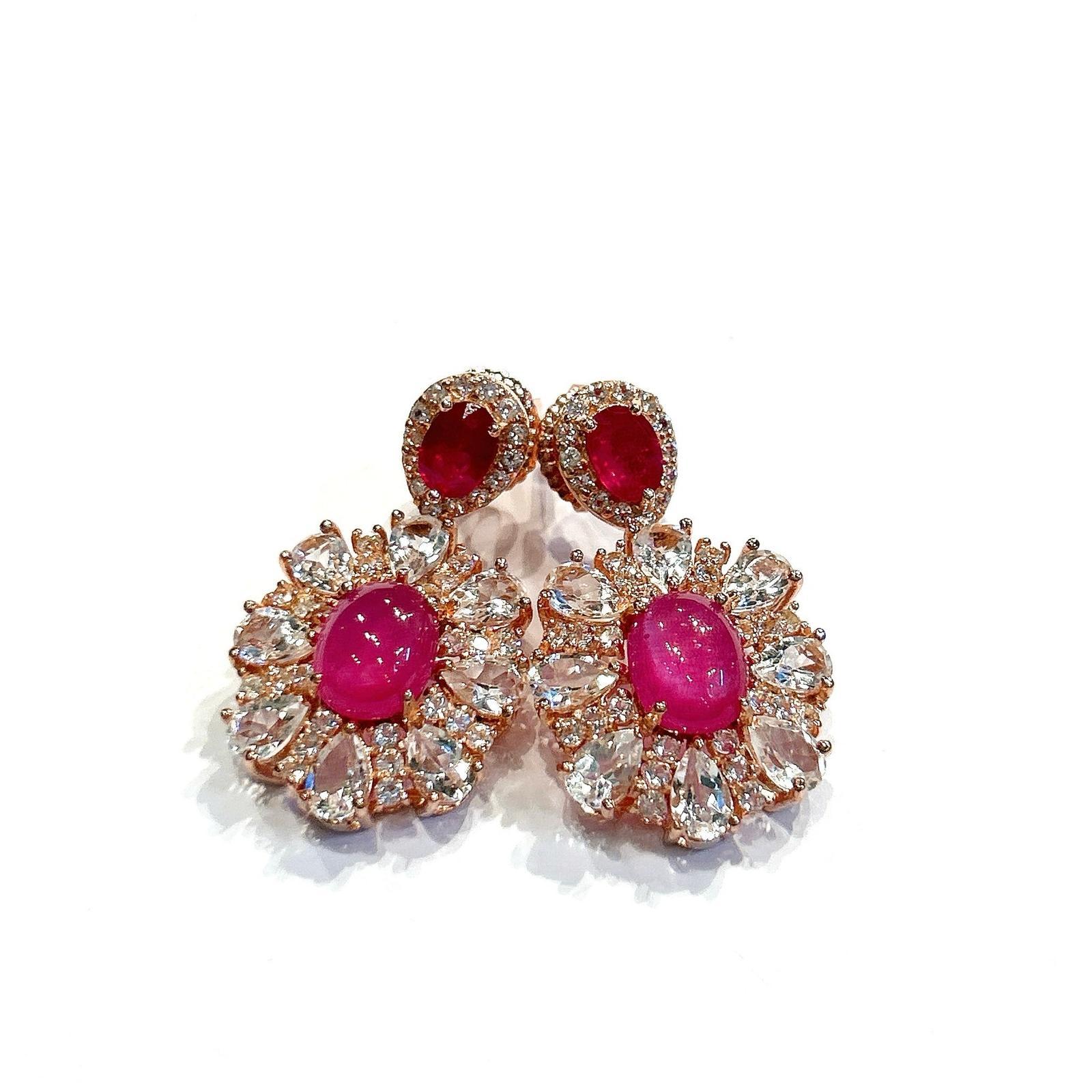 Bochic “Orient” Retro Ruby & White Topaz  Earrings Set In 18K Gold & Silver 2